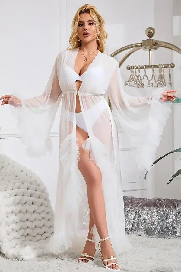 Elegant White Sheer Robe with Ruffled Trim