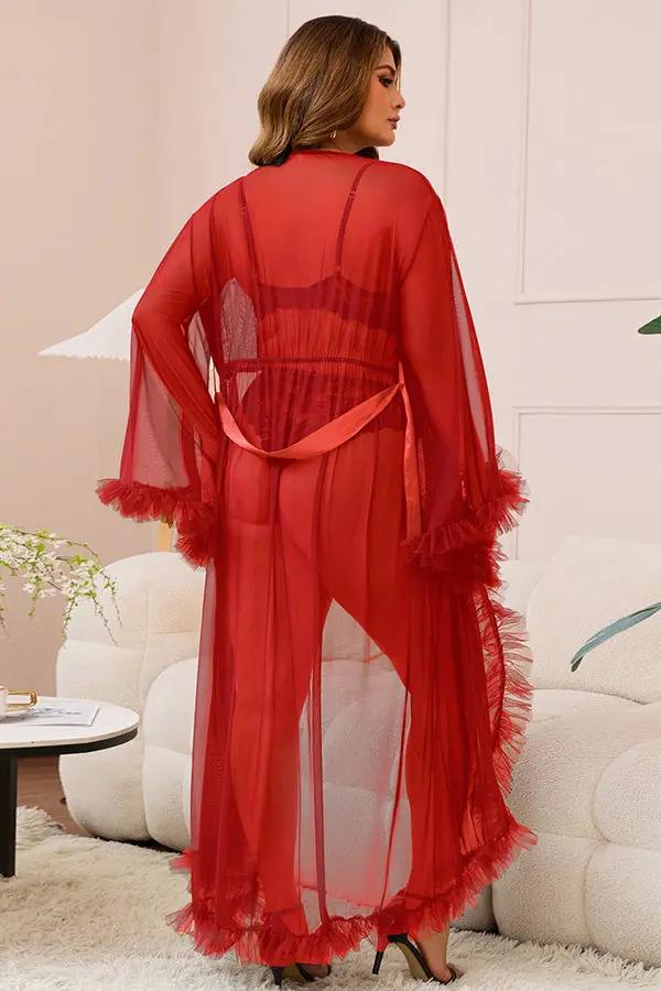 Elegant Red Sheer Robe with Ruffled Trim