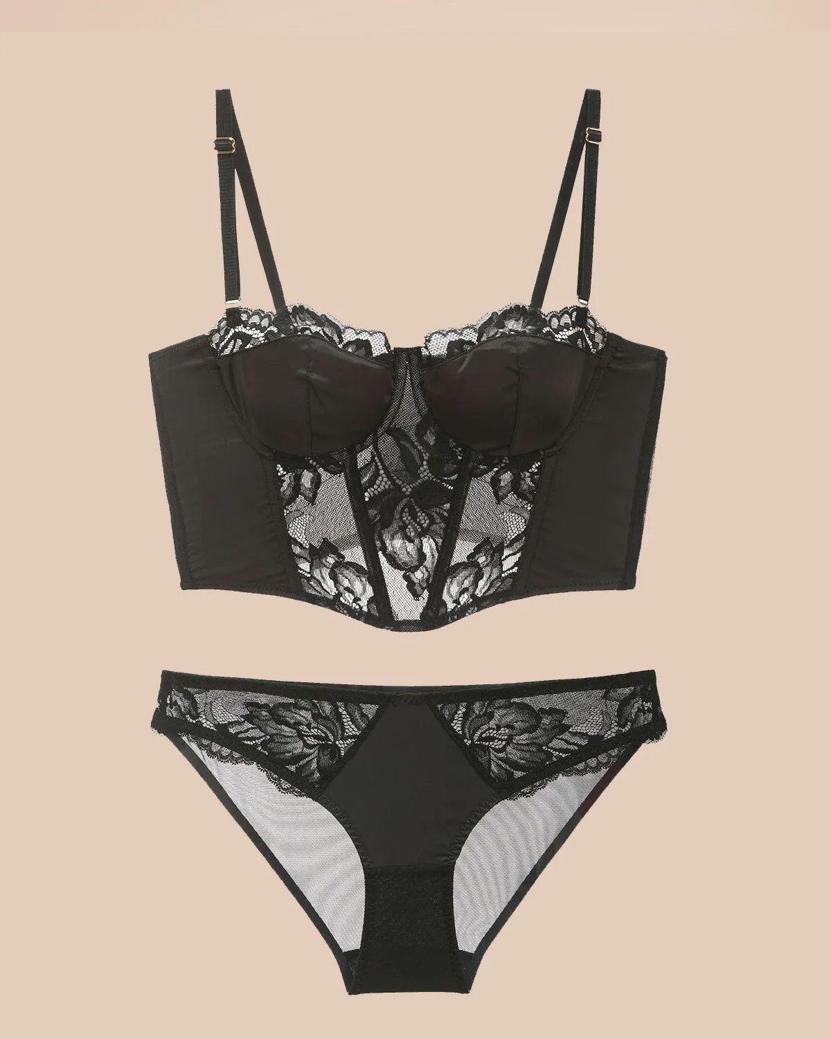 French Long Satin Lace Bra Set Underwear