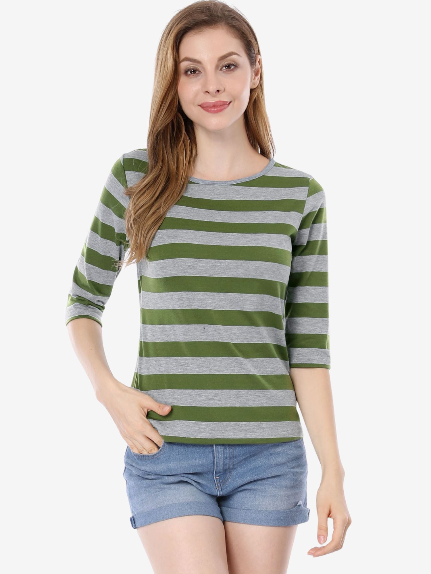 3/4 Sleeve Round Neck Casual Striped T-Shirt