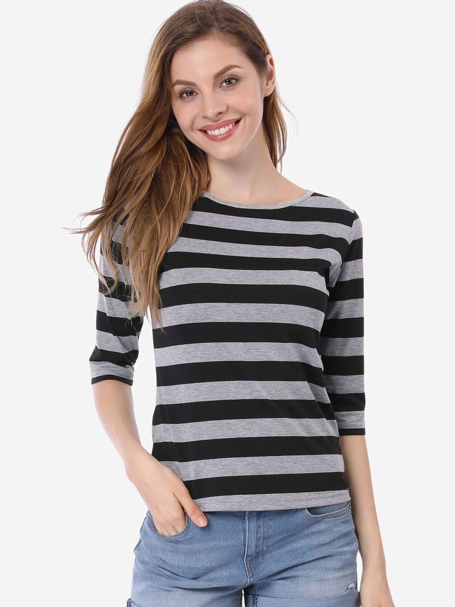 Striped 3/4 Sleeve Round Neck Casual T-Shirt