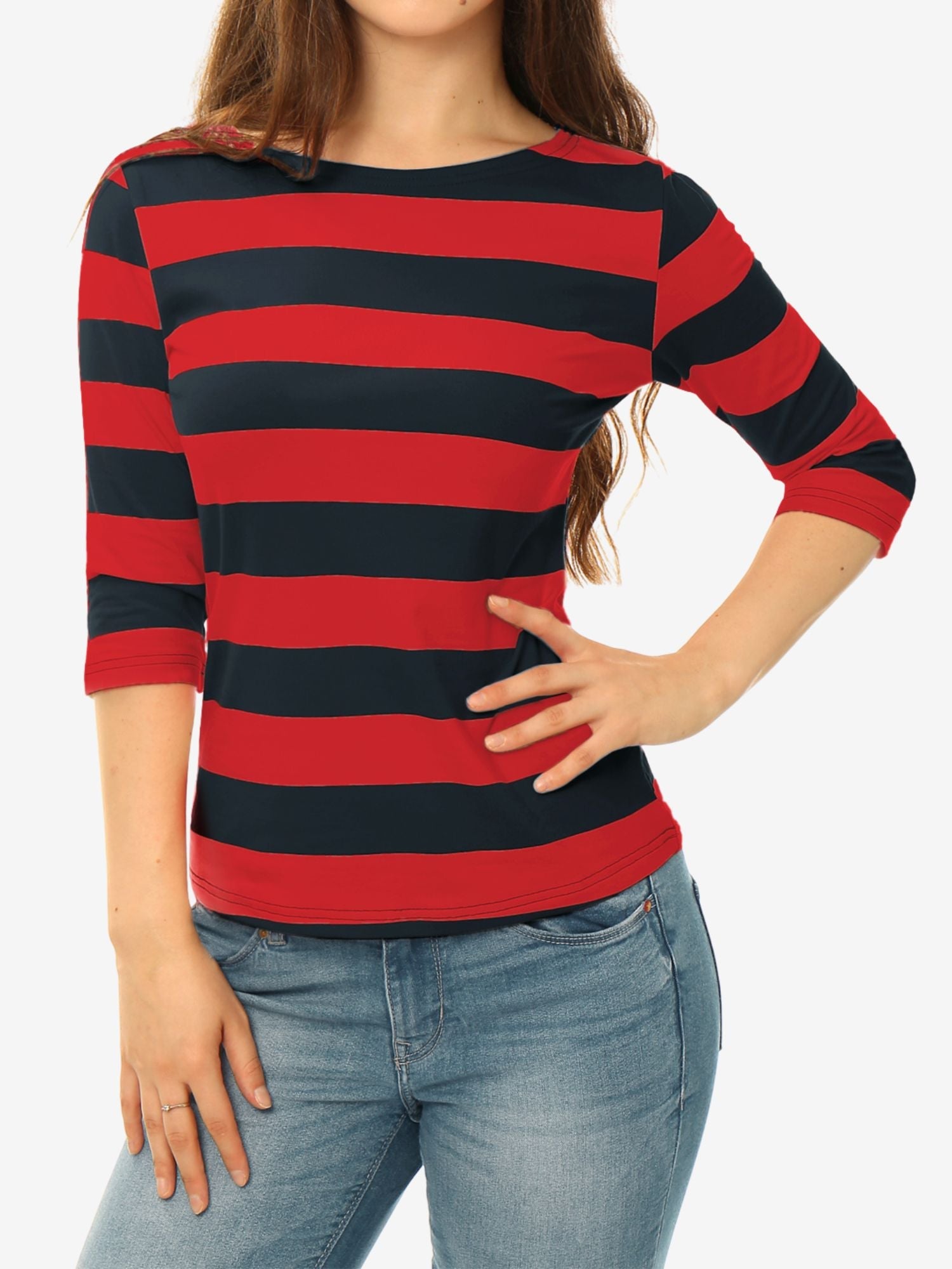 Striped 3/4 Sleeve Casual Basic Boat Neck T-shirt
