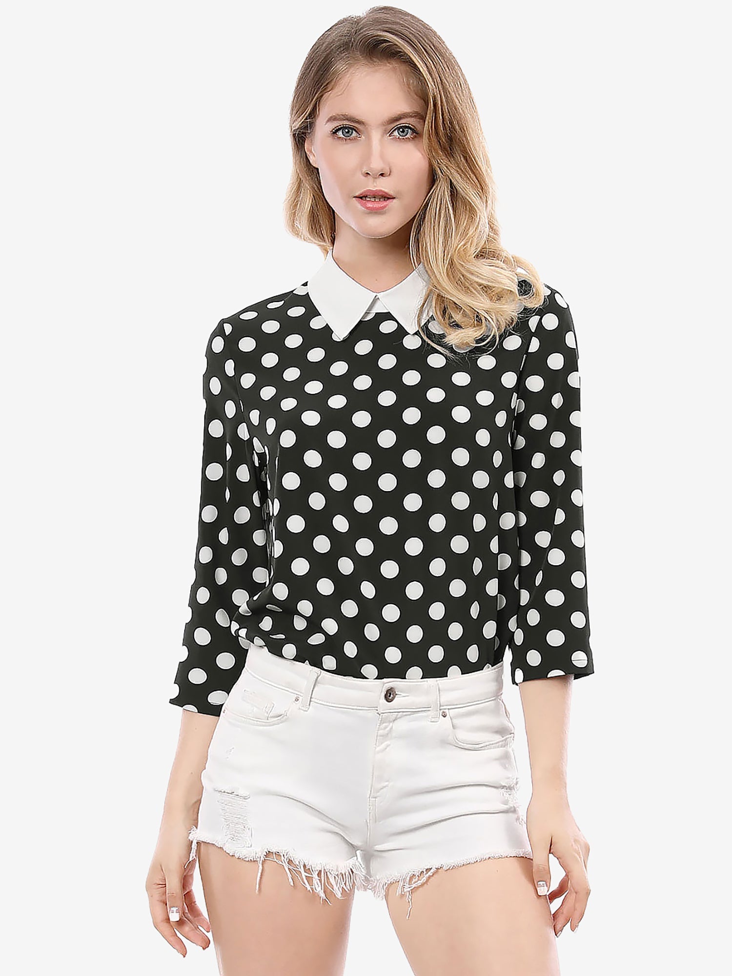 Polka Dots Contrast Peter Pan Collar Top 3/4 Sleeve Blouse Shirt