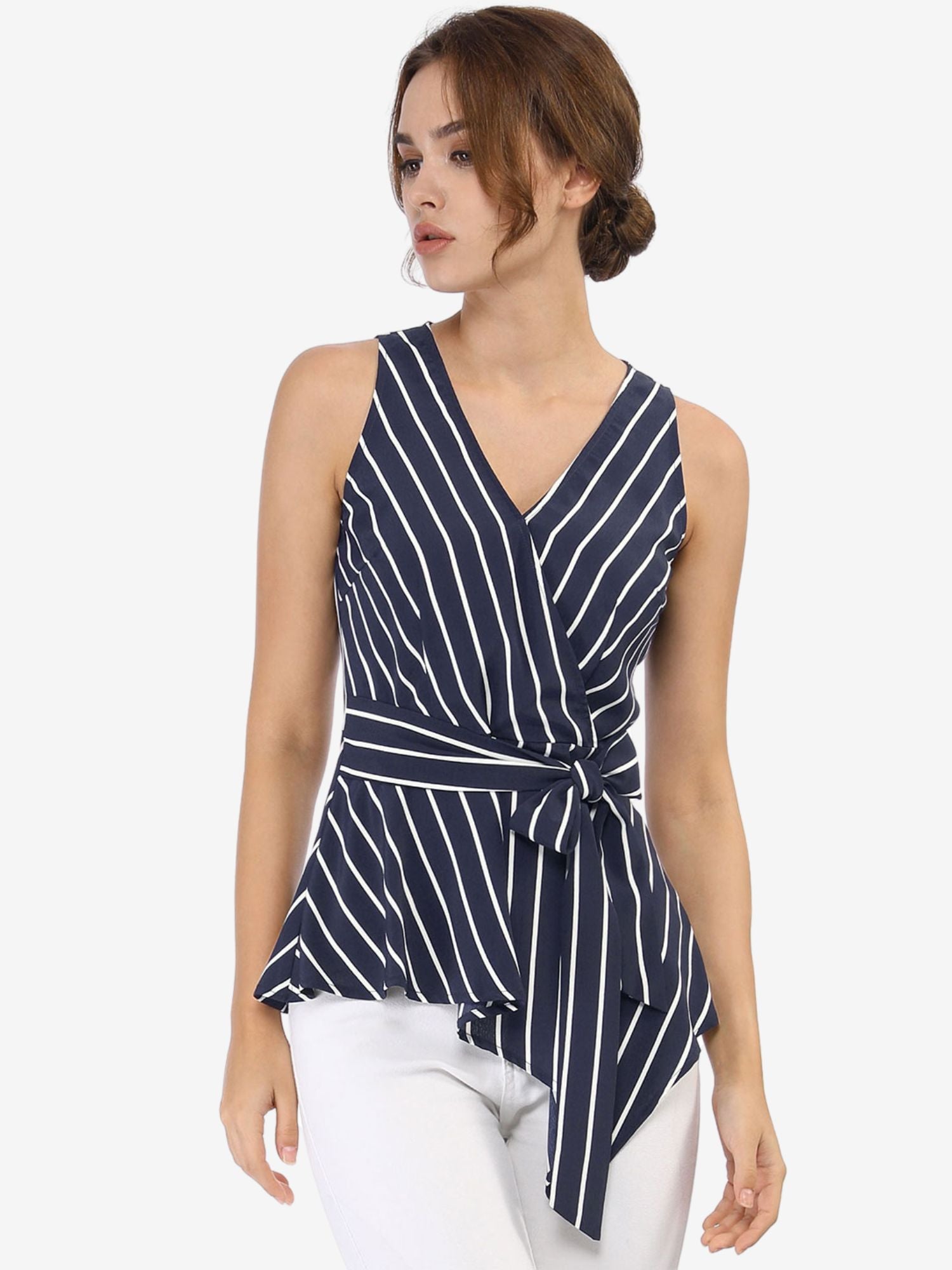 Sleeveless V Neck Tie Waist Asymmetric Hem Wrap Peplum Top
