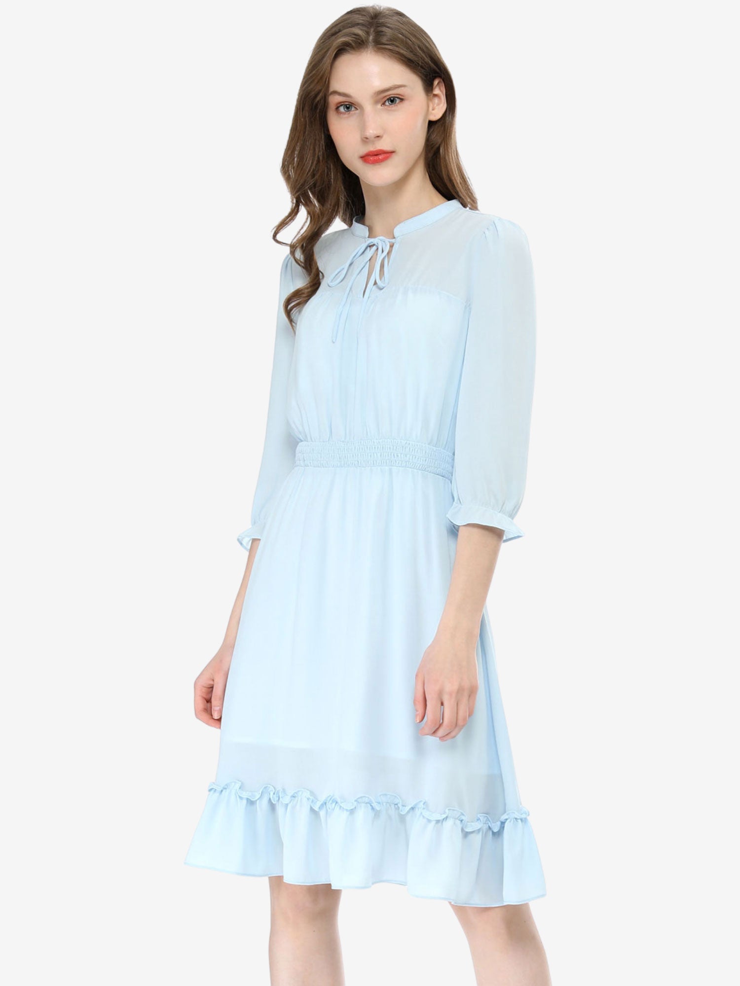 Ruffle Hem 3/4 Sleeve A-Line Smocked Midi Chiffon Dress