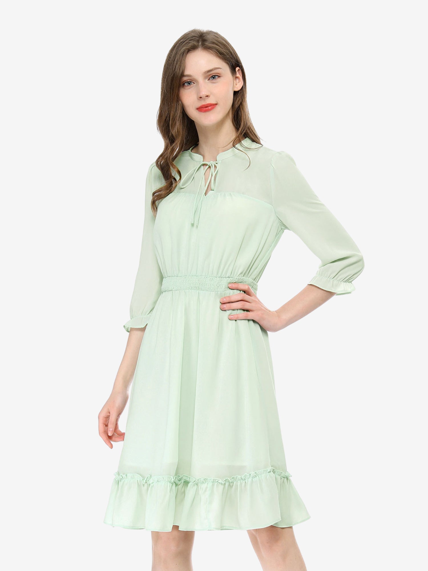 Ruffle Hem 3/4 Sleeve A-Line Smocked Short Chiffon Dress