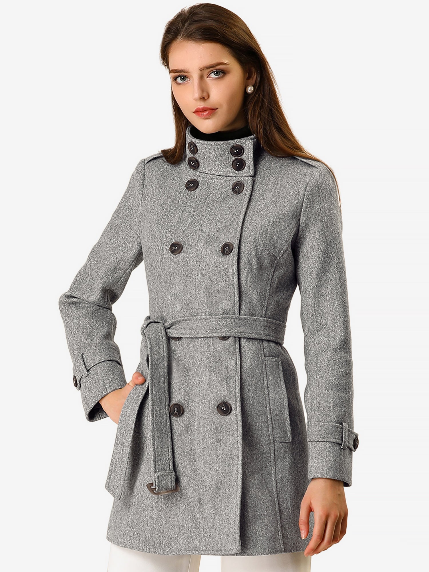 Stand Collar Double Breasted Trendy Belted Winter Coat