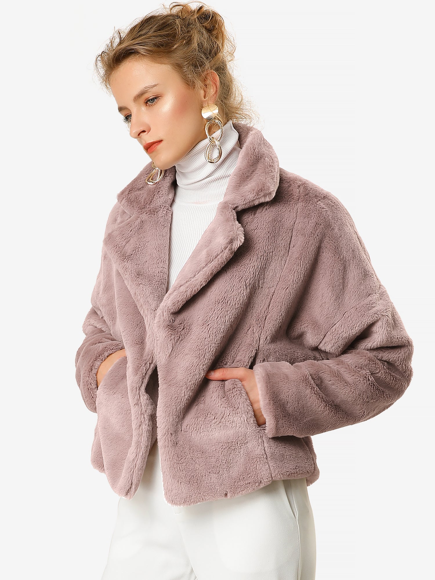Allegra K Cropped Notch Lapel Faux Fur Fluffy Jacket