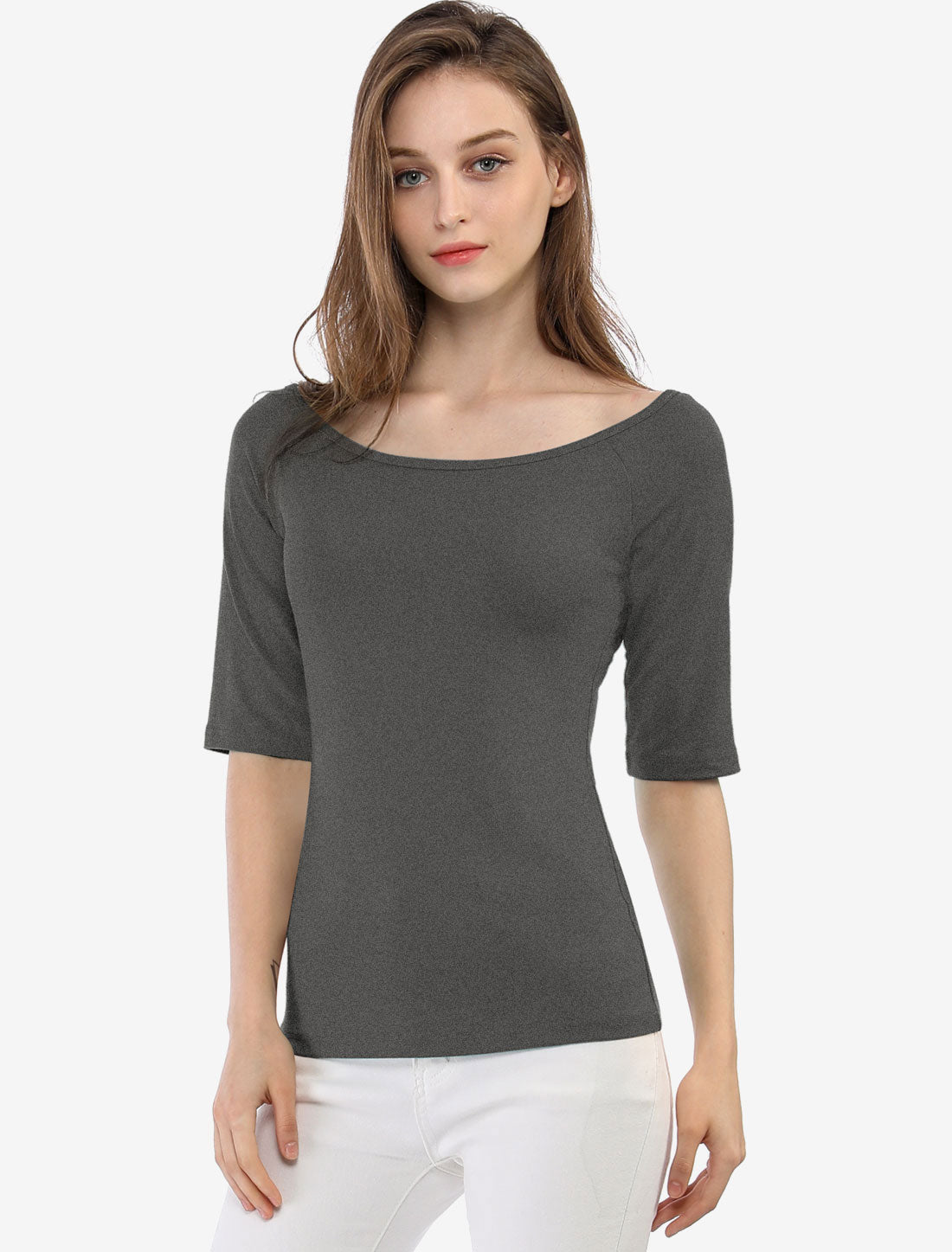 Scoop Neck Half Sleeves Fitted Layering Soft T-Shirt
