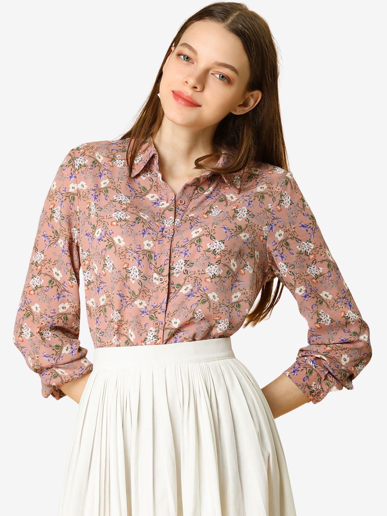 Button Down Floral Shirt Blouse Long Sleeve Point Collar Top