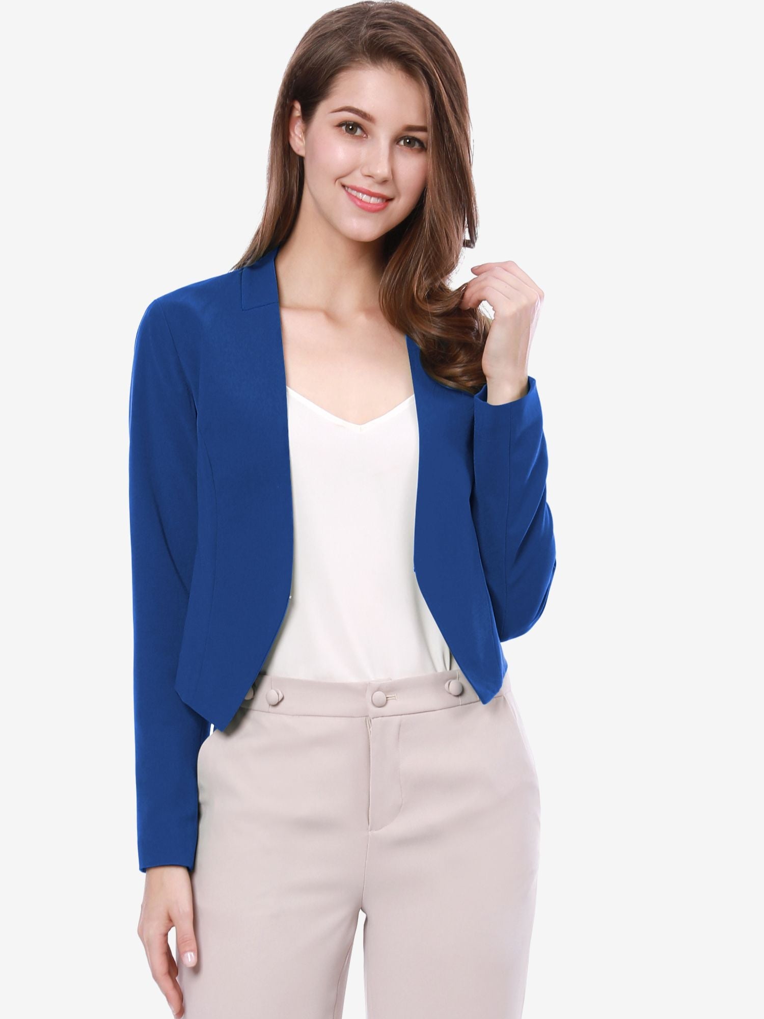 Solid Color Collarless Cropped Office Blazer Jacket