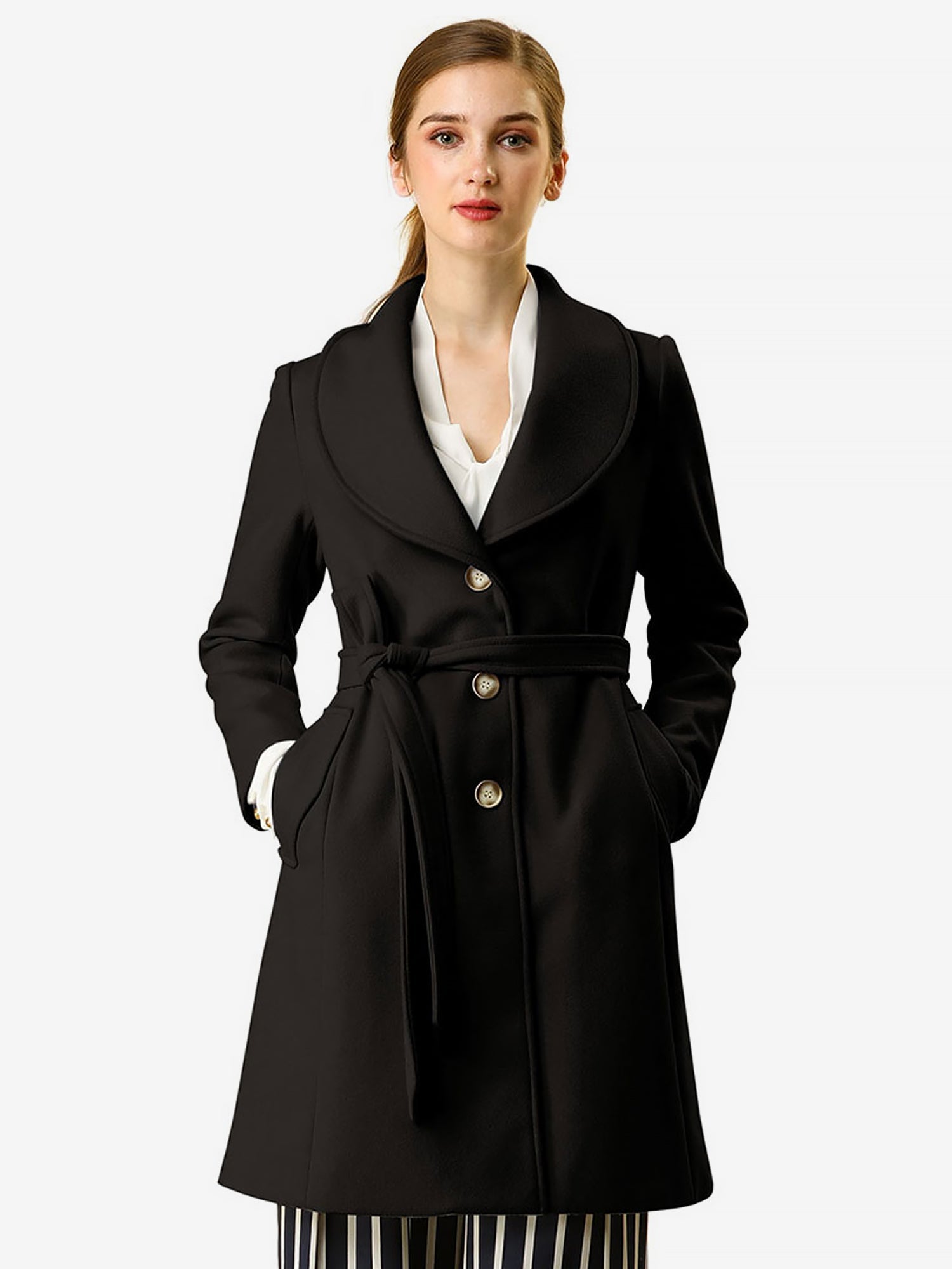 Shawl Collar Single Breasted Winter Long Belted Coat