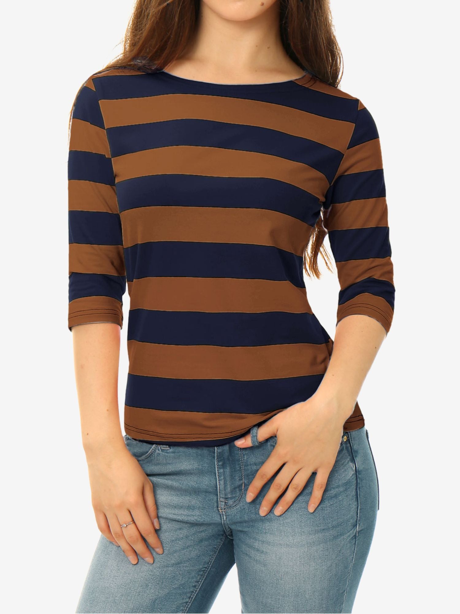 Striped 3/4 Sleeve Casual Basic Boat Neck T-shirt
