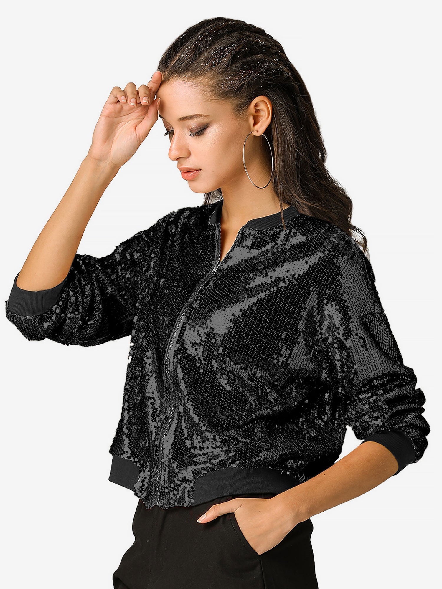 Sequin Sparkle Party Long Sleeve Zipper Bomber Jacket