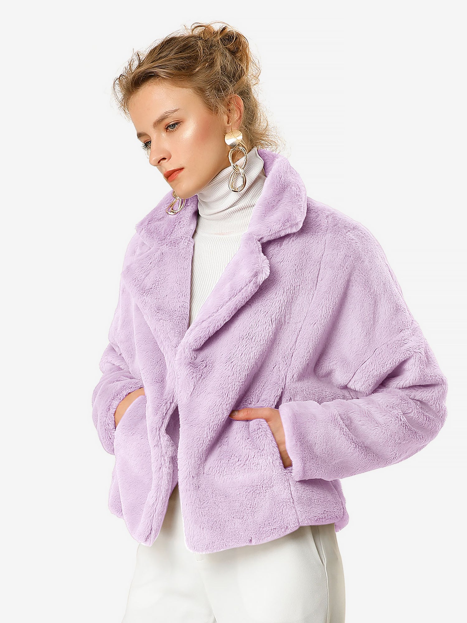 Allegra K Cropped Notch Lapel Faux Fur Fluffy Jacket