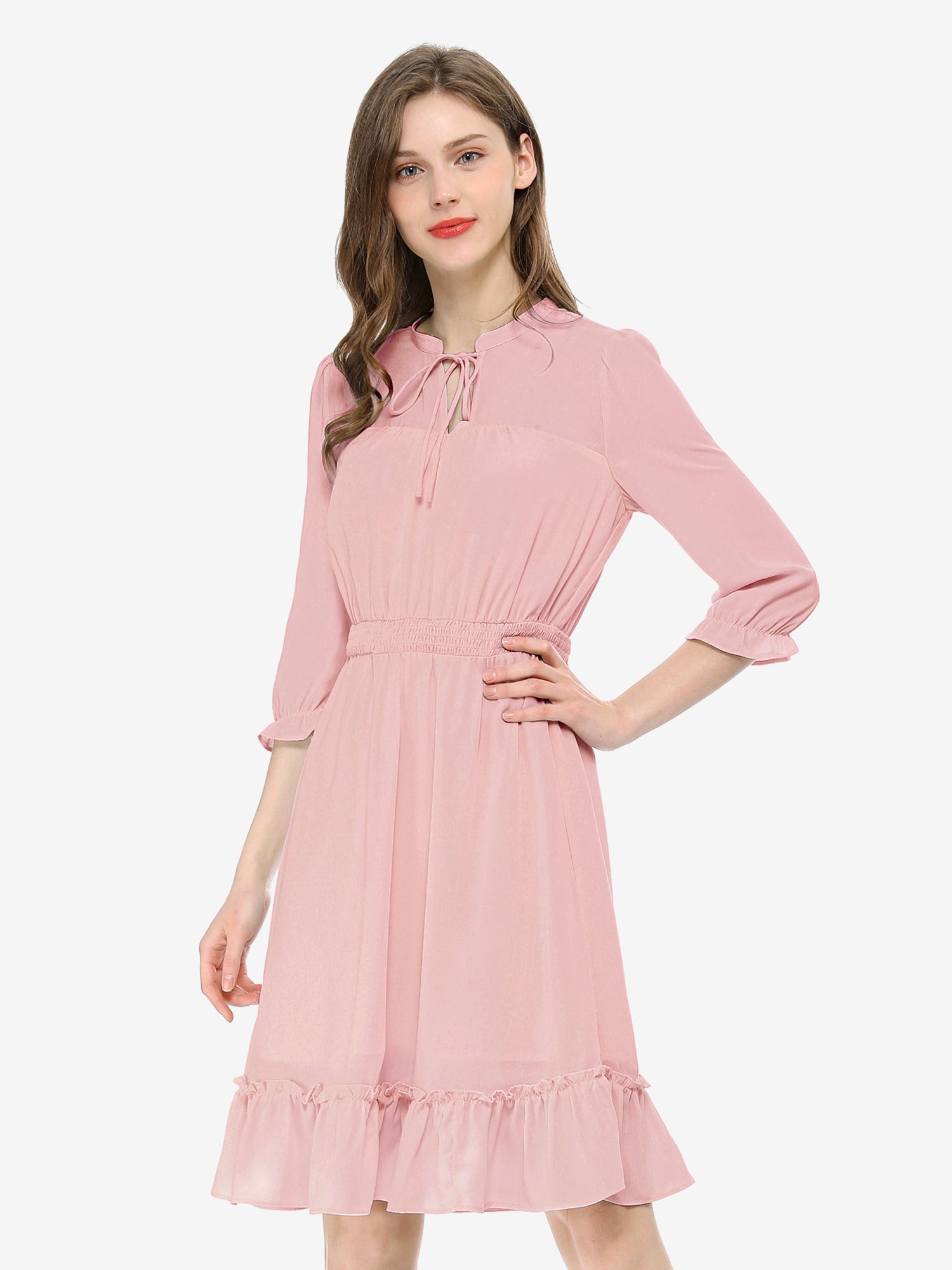 Ruffle Hem 3/4 Sleeve A-Line Smocked Short Chiffon Dress