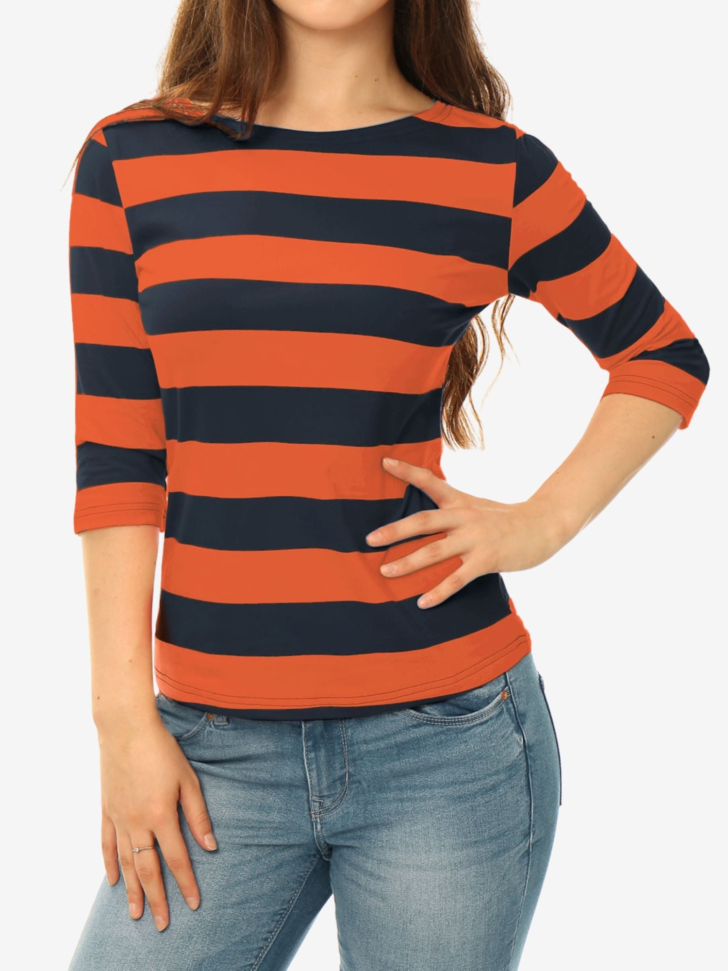 Striped 3/4 Sleeve Casual Basic Boat Neck T-shirt
