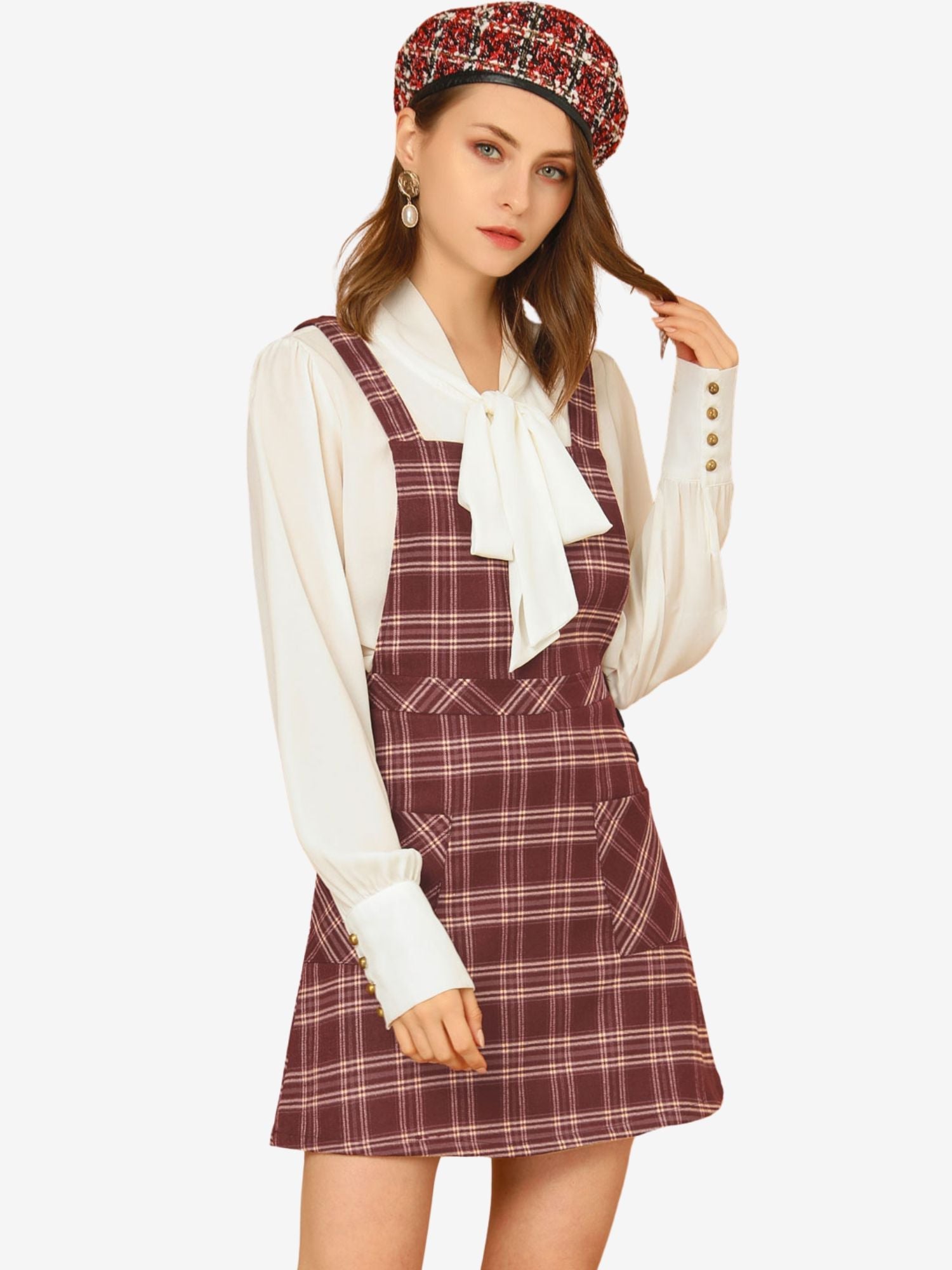 Plaid Tartan Button Decor A-Line Pinafore Overall Dress
