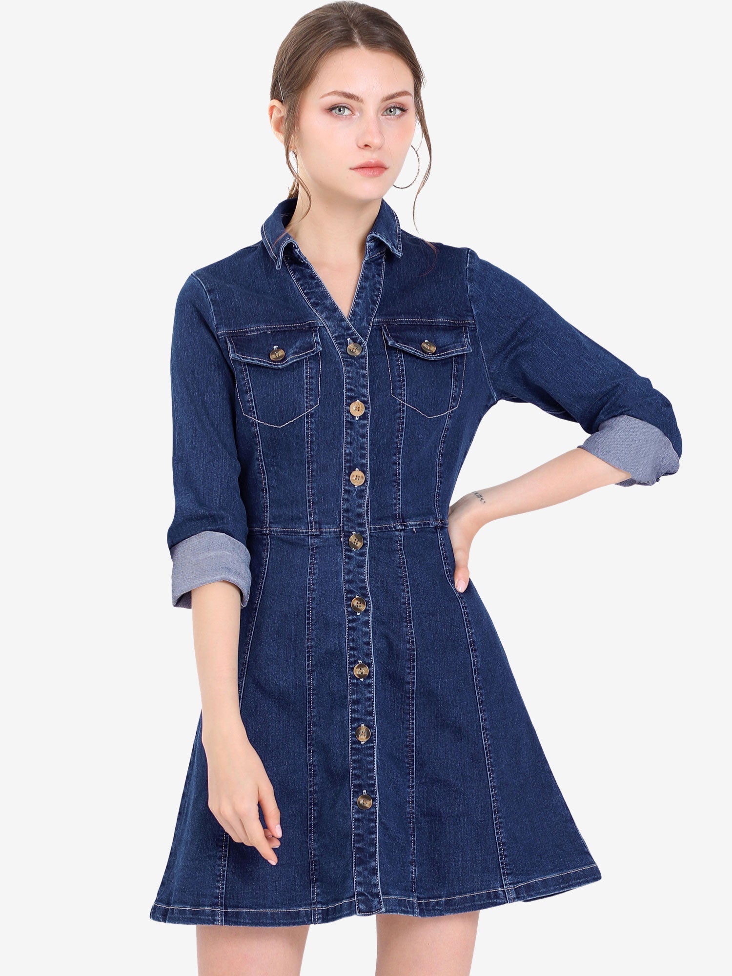 Button Down Collar V Neck Long Sleeve A-line Jean Denim Dress