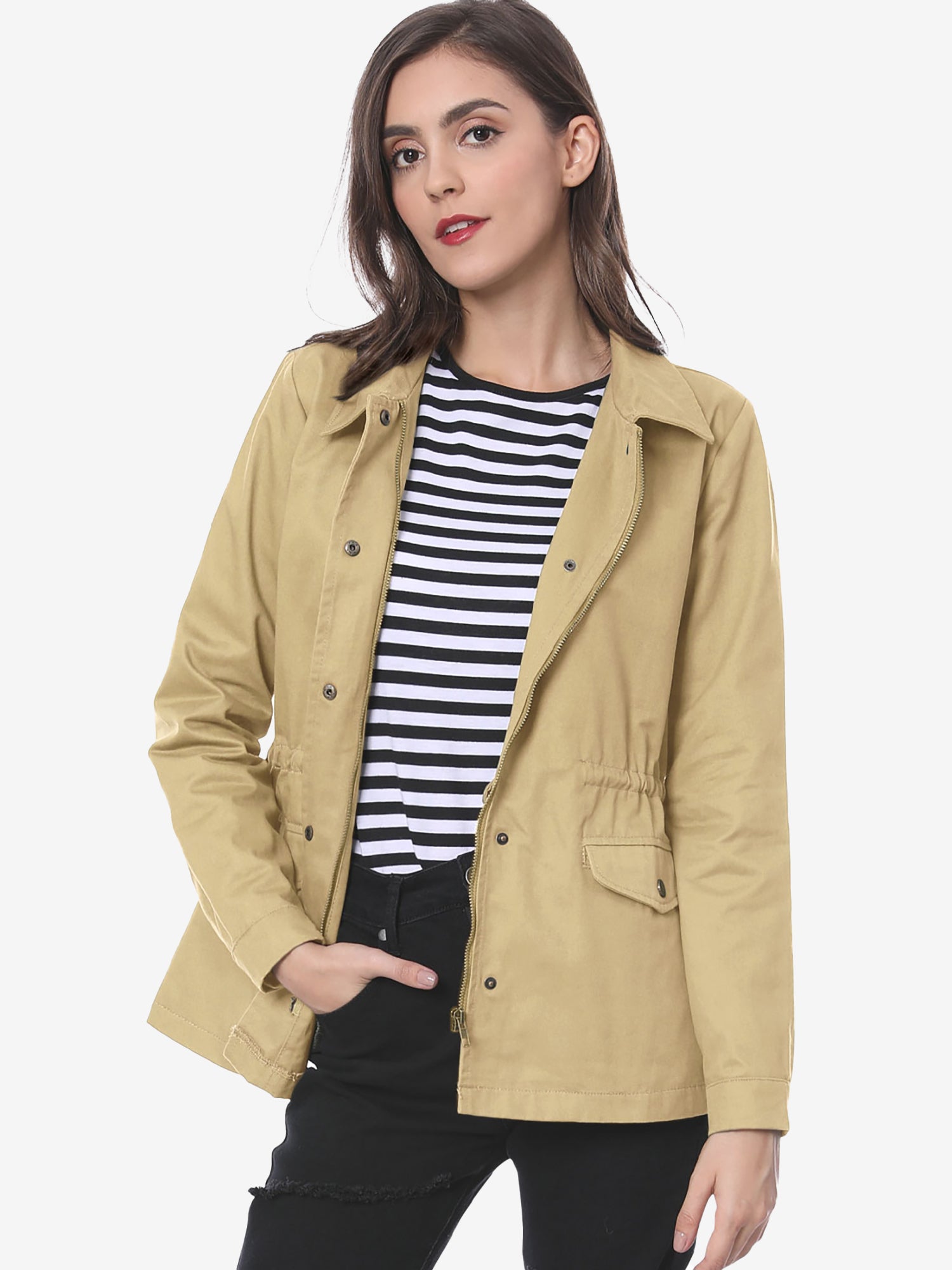 Drawstring Waist Flap Pocket Lightweight Utility Safari Jacket