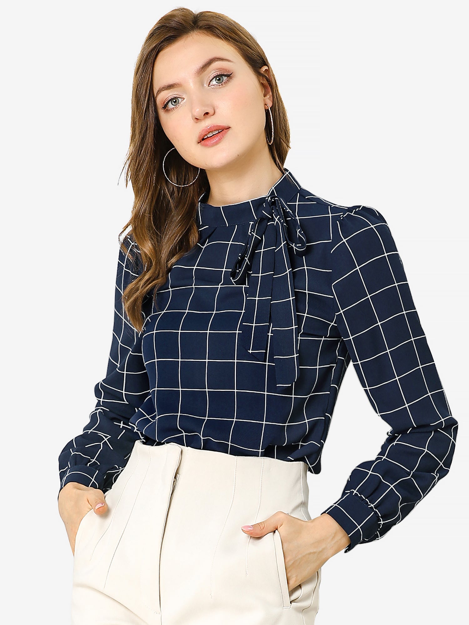 Bow Tie Neck Grid Checks Shirt Office Work Tops Blouse