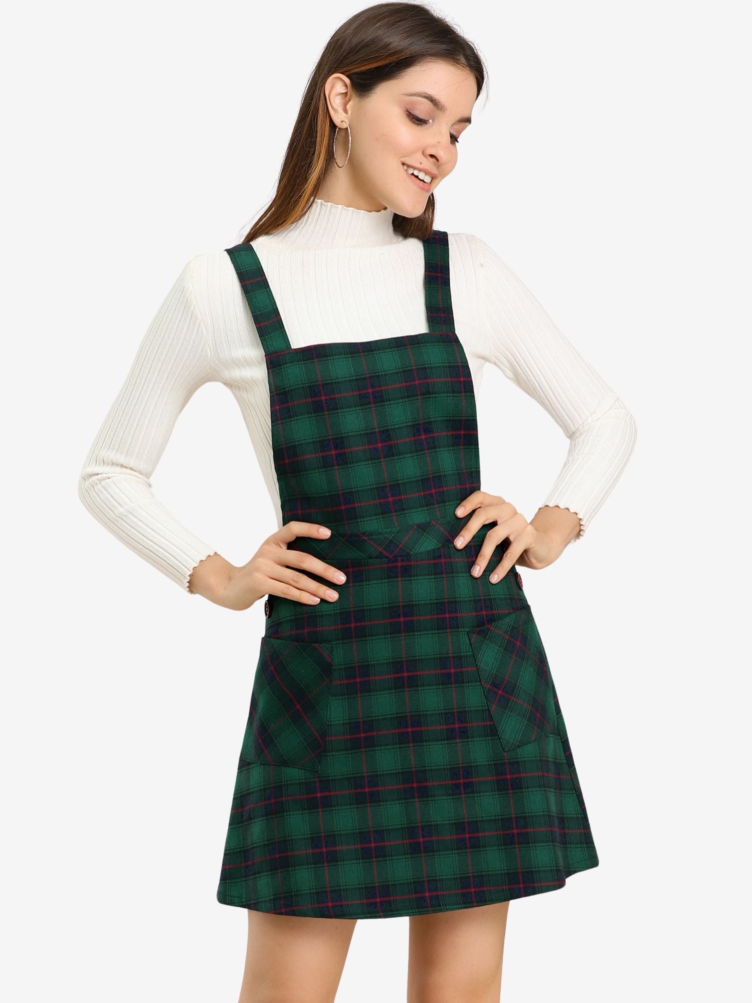 Plaid Tartan Button Decor A-Line Pinafore Overall Dress