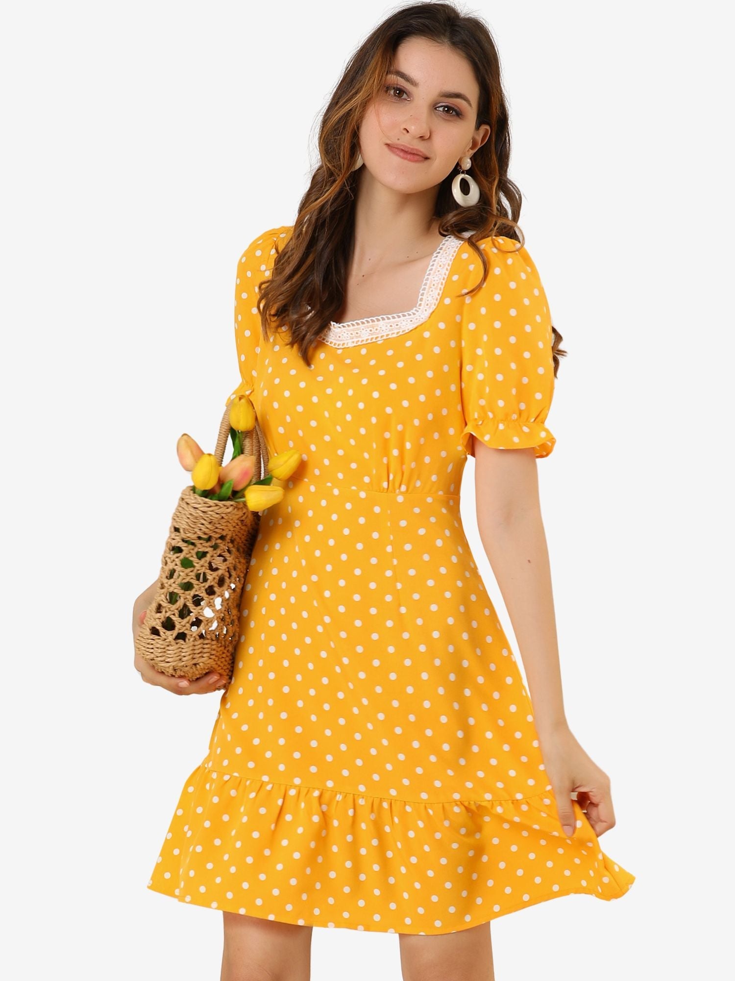 Summer Sweetheart Neck Ruffled Hem Puff Short Sleeve Polka Dots Dress