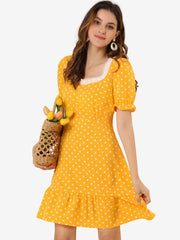Summer Sweetheart Neck Ruffled Hem Puff Short Sleeve Polka Dots Dress
