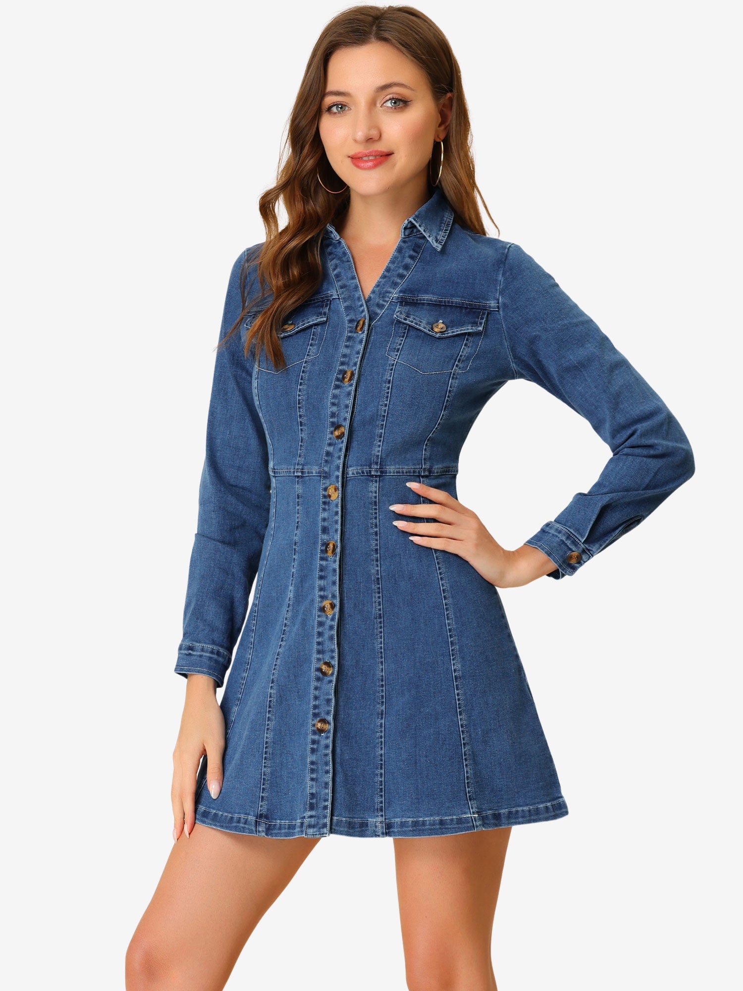 Button Down Collar V Neck Long Sleeve A-line Jean Denim Dress