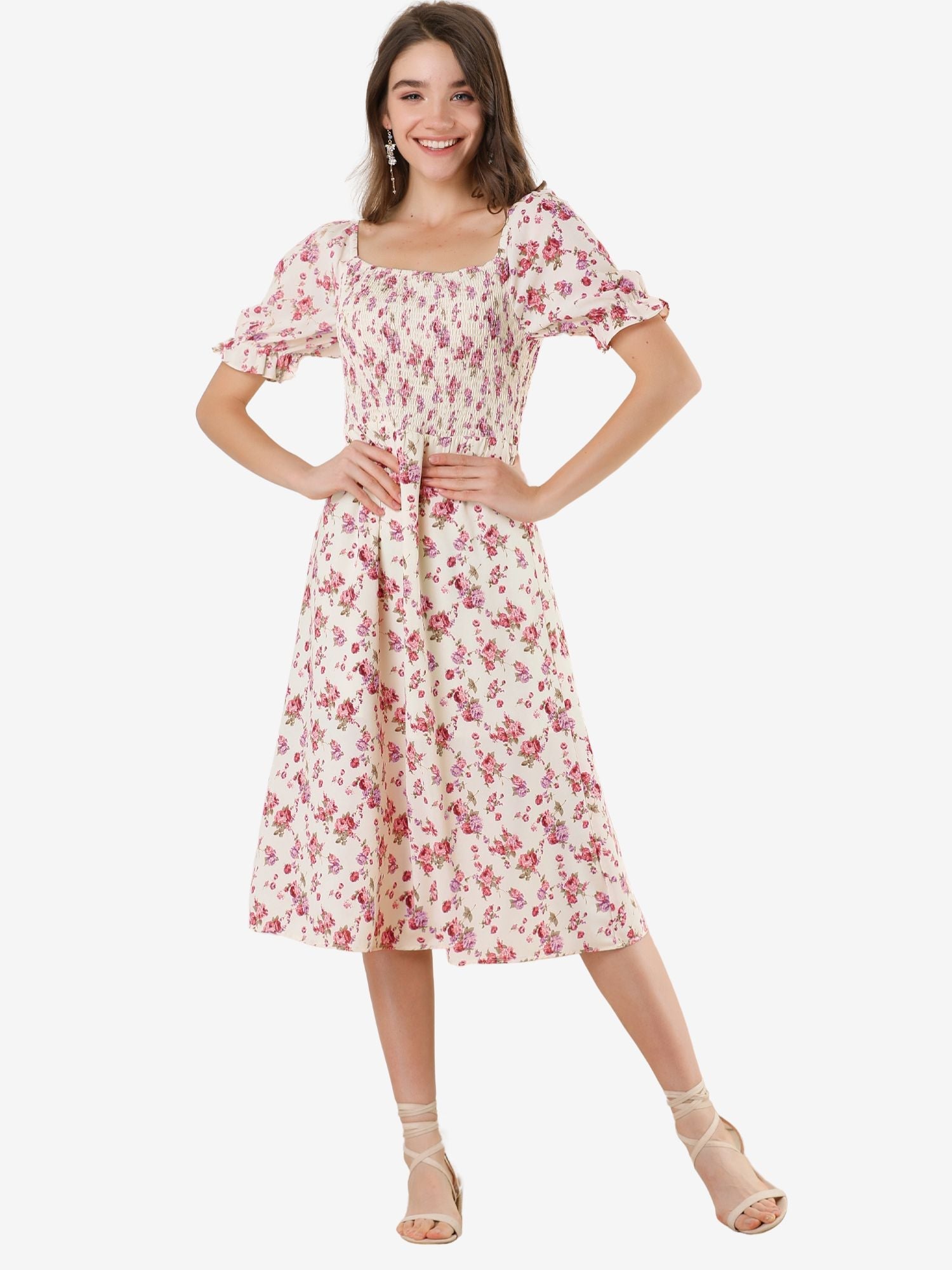 Square Neck Puff Sleeve Shirred Floral Casual Midi Dress