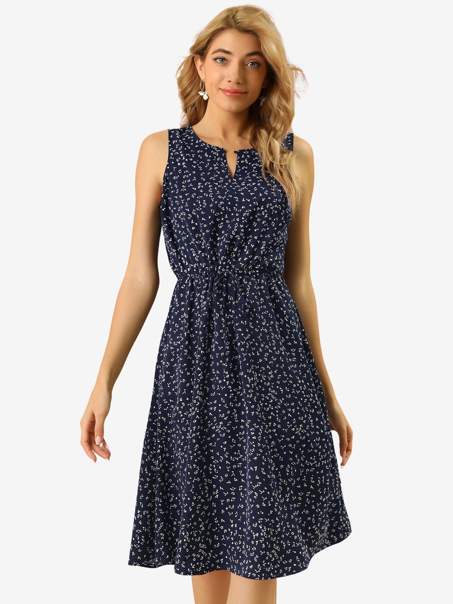 Floral Drawstring Waist Sleeveless A-Line Midi Dress Sundress
