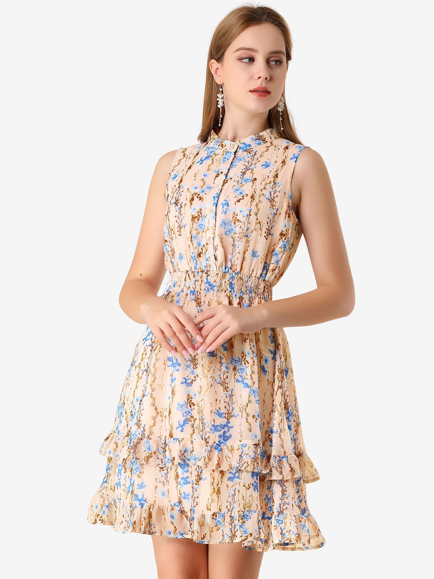 Floral A-line Smocked Waist Tiered Ruffled Chiffon Mini Dress