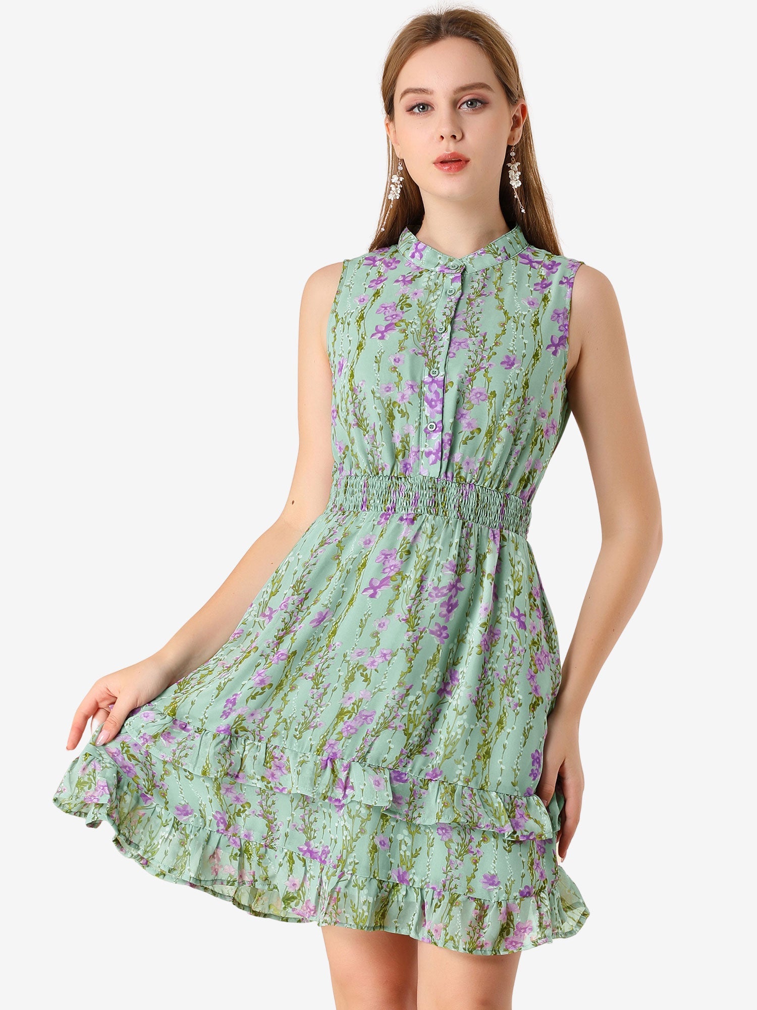 Floral A-line Smocked Waist Tiered Ruffled Chiffon Mini Dress
