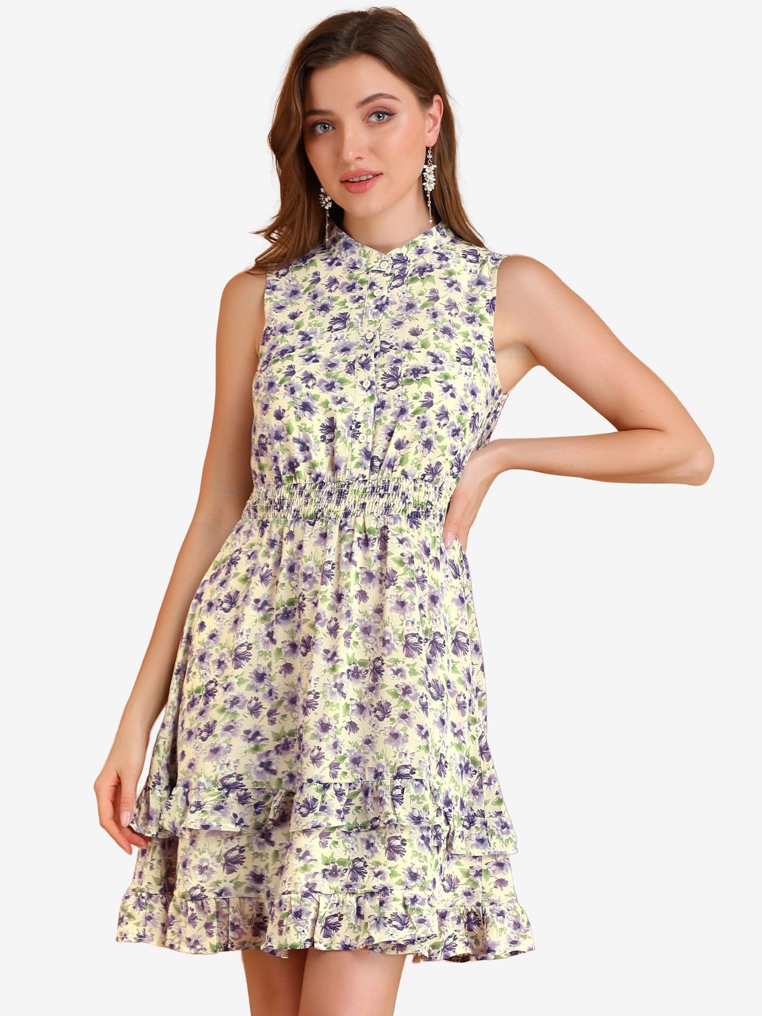 Floral A-line Smocked Waist Tiered Ruffled Chiffon Mini Dress