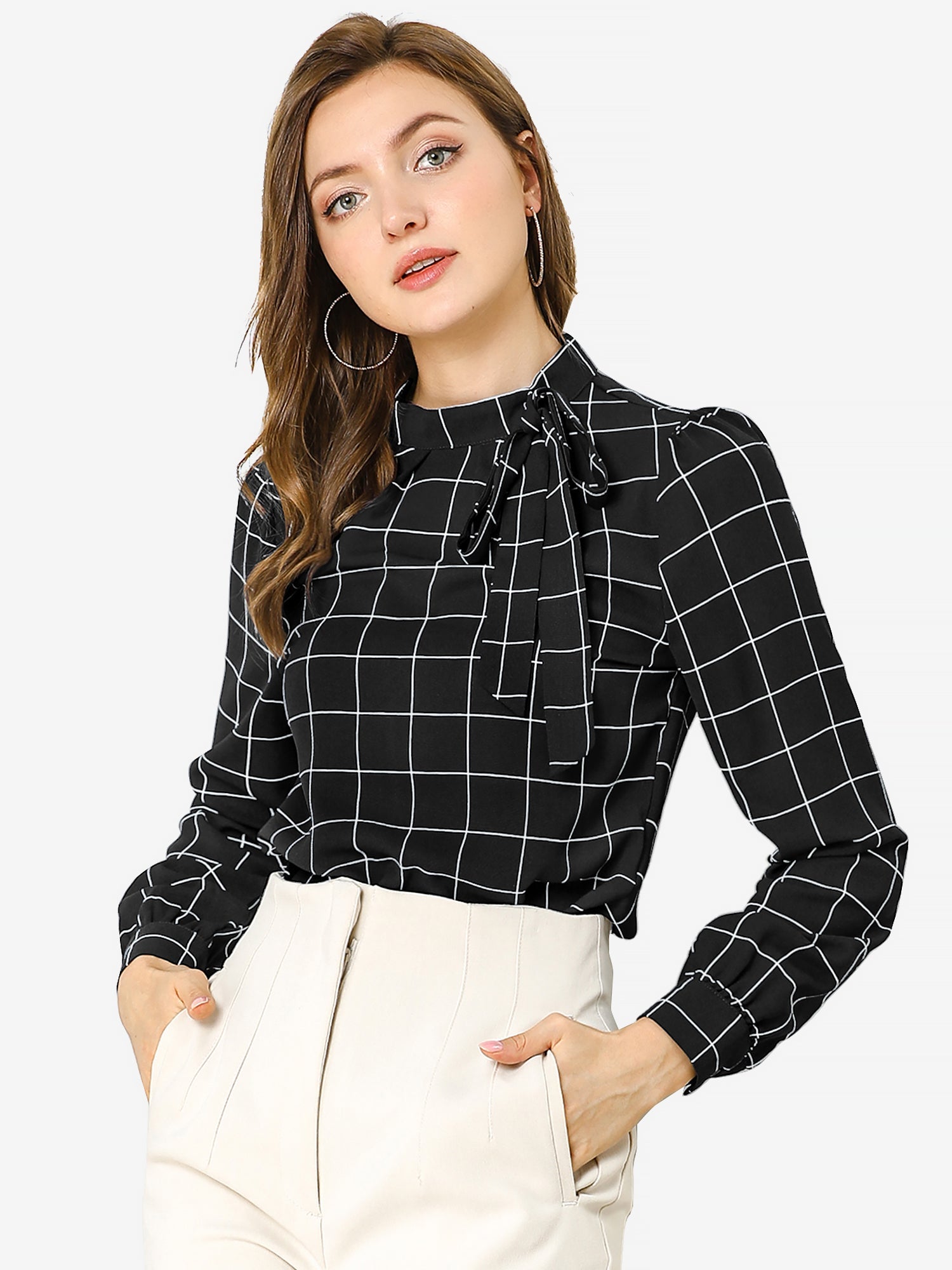 Bow Tie Neck Grid Checks Shirt Office Work Tops Blouse