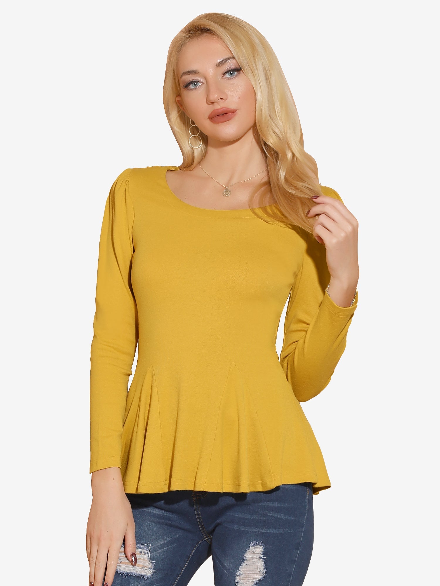Long Sleeve Scoop Neck Casual Peplum Blouse