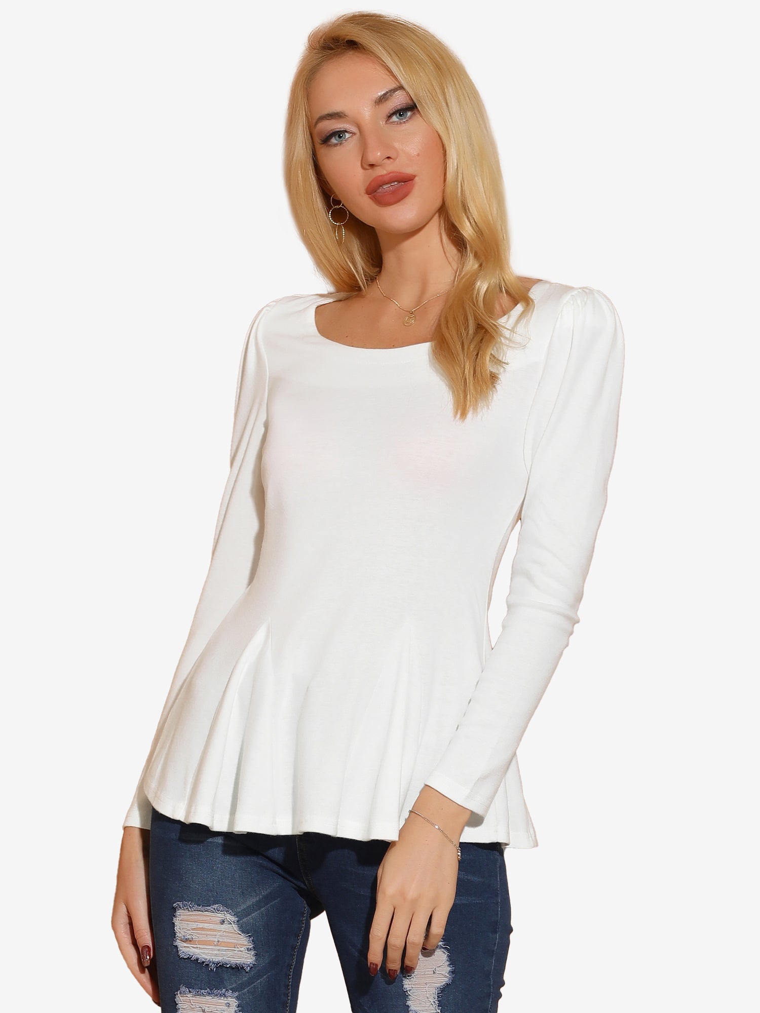 Long Sleeve Scoop Neck Casual Peplum Blouse