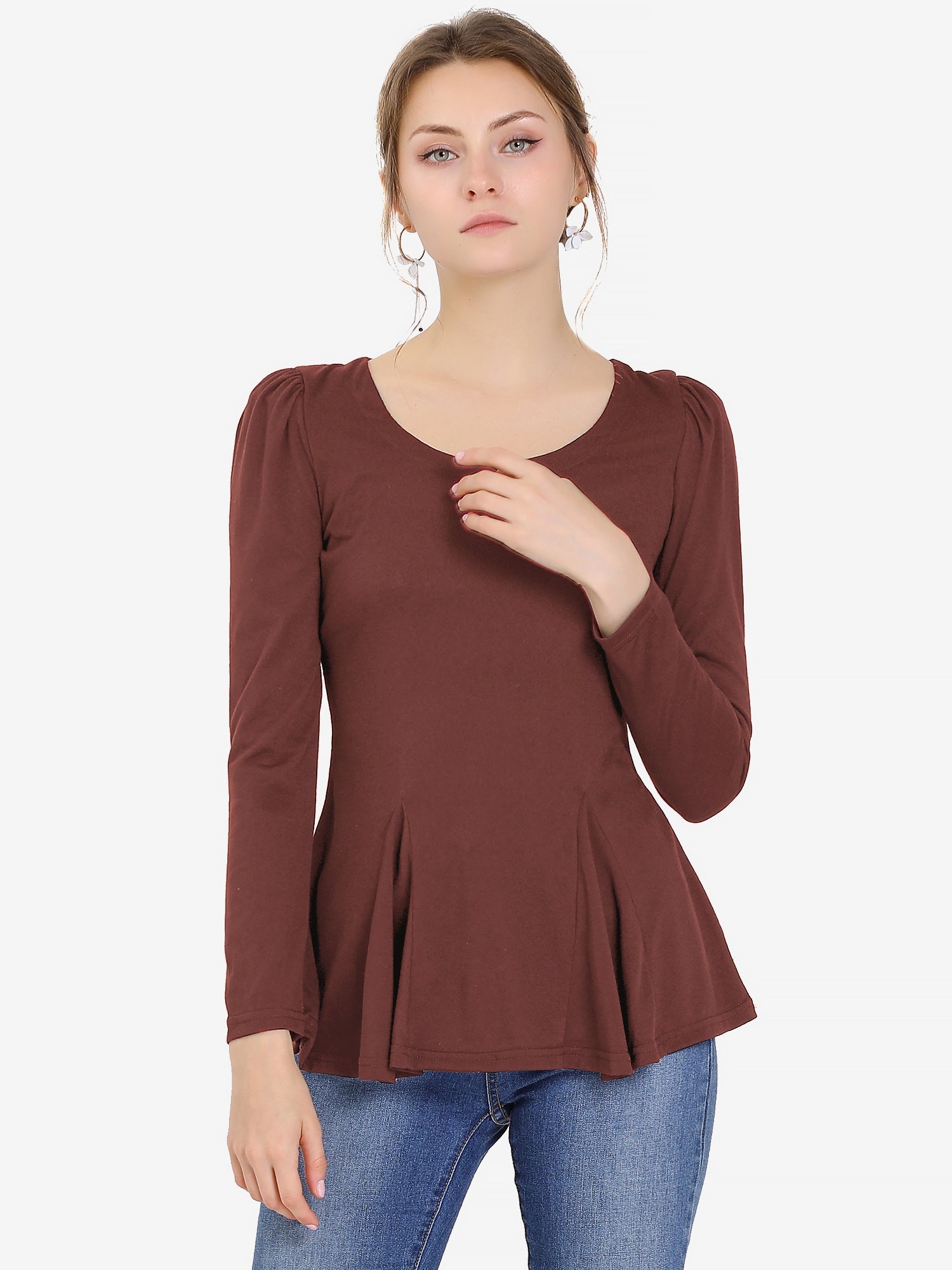 Long Sleeve Scoop Neck Casual Peplum Blouse