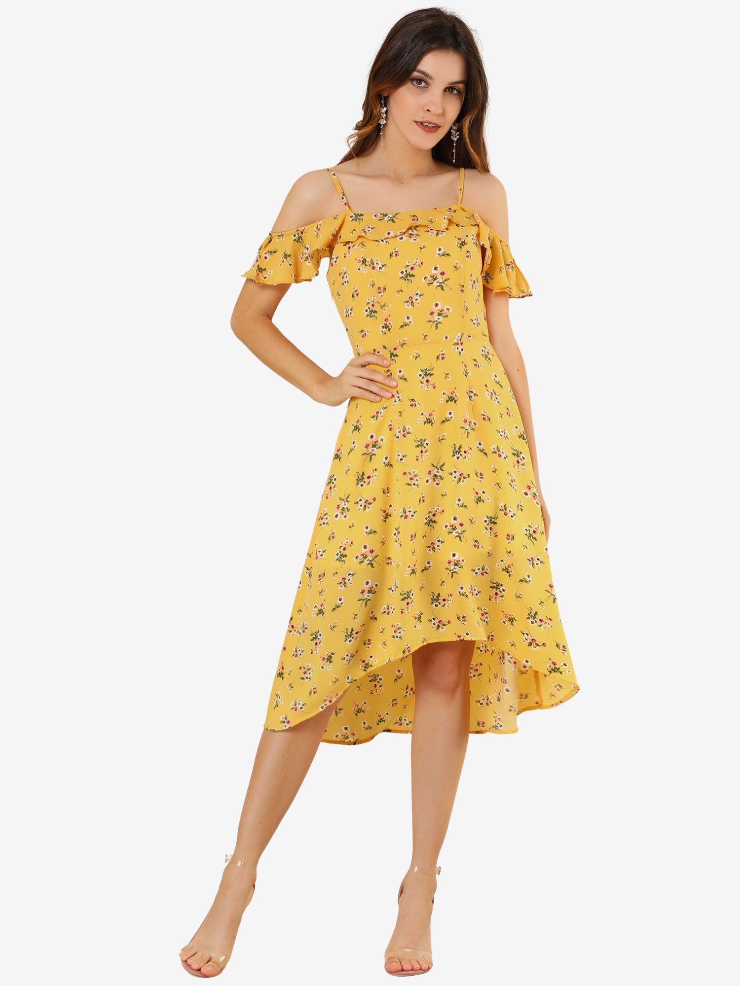 Spaghetti Strap Asymmetrical High Low Floral A-Line Midi Dress