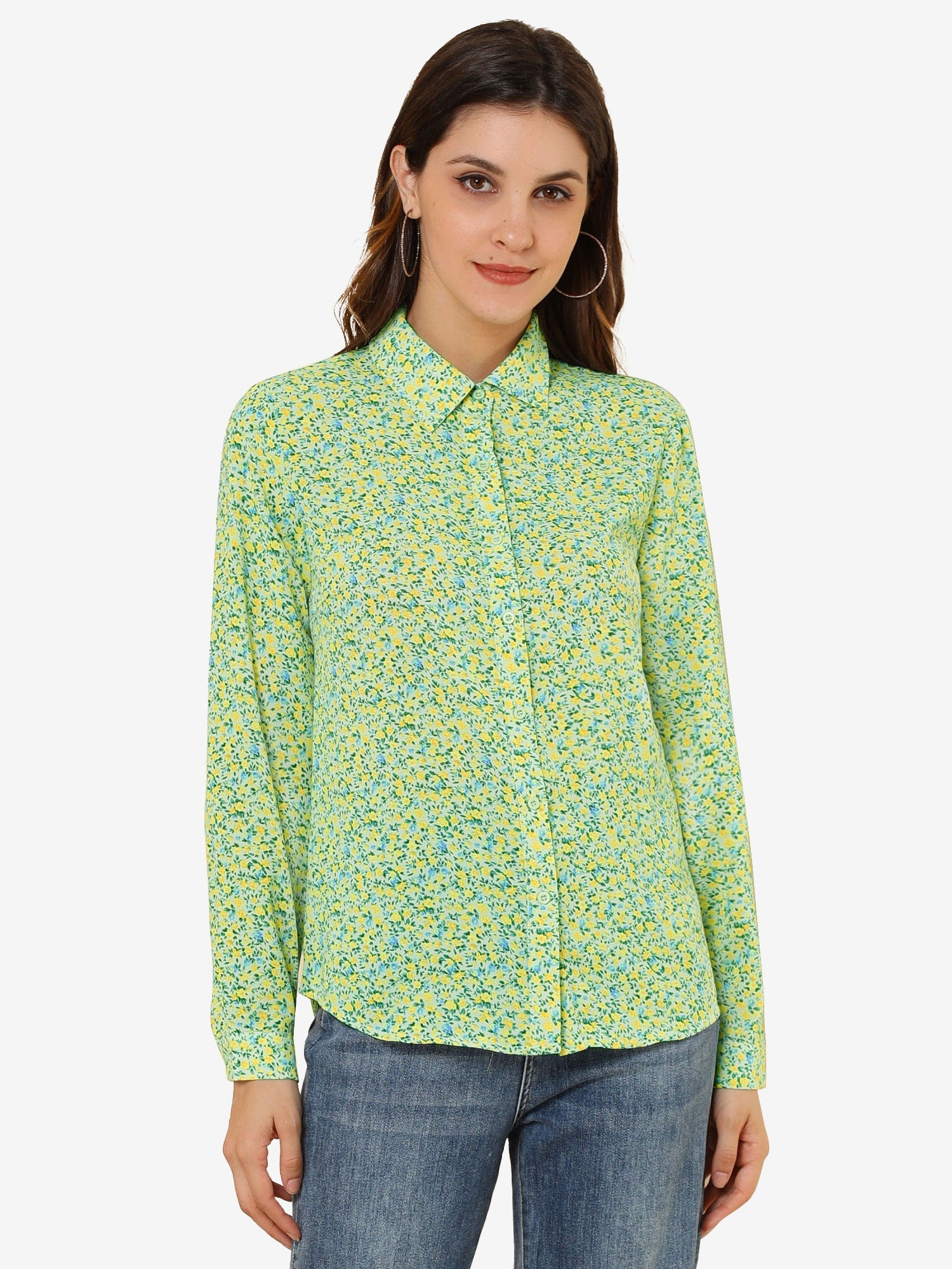 Button Down Floral Shirt Blouse Long Sleeve Point Collar Top