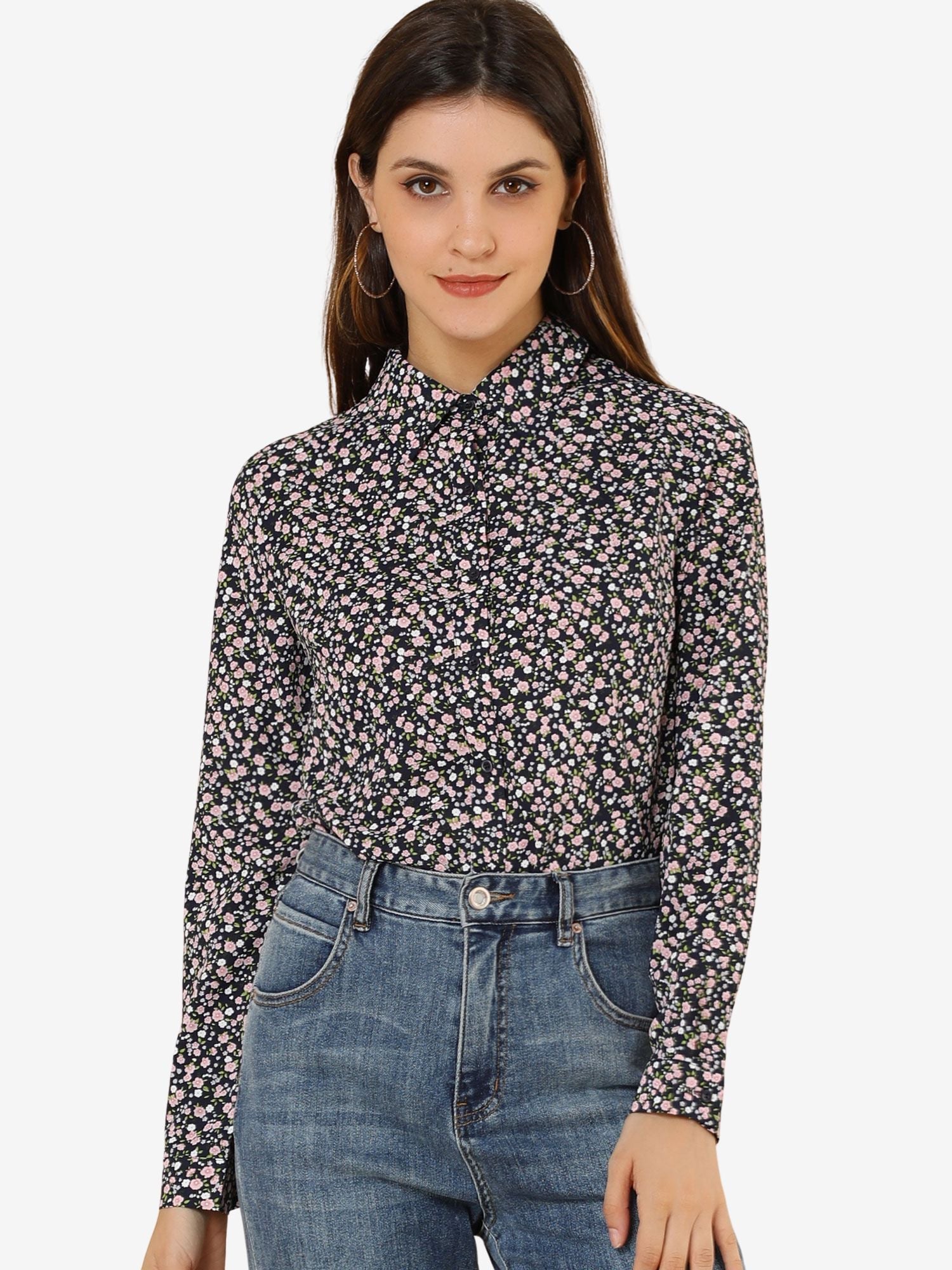 Button Down Floral Long Sleeve Point Collar Blouse