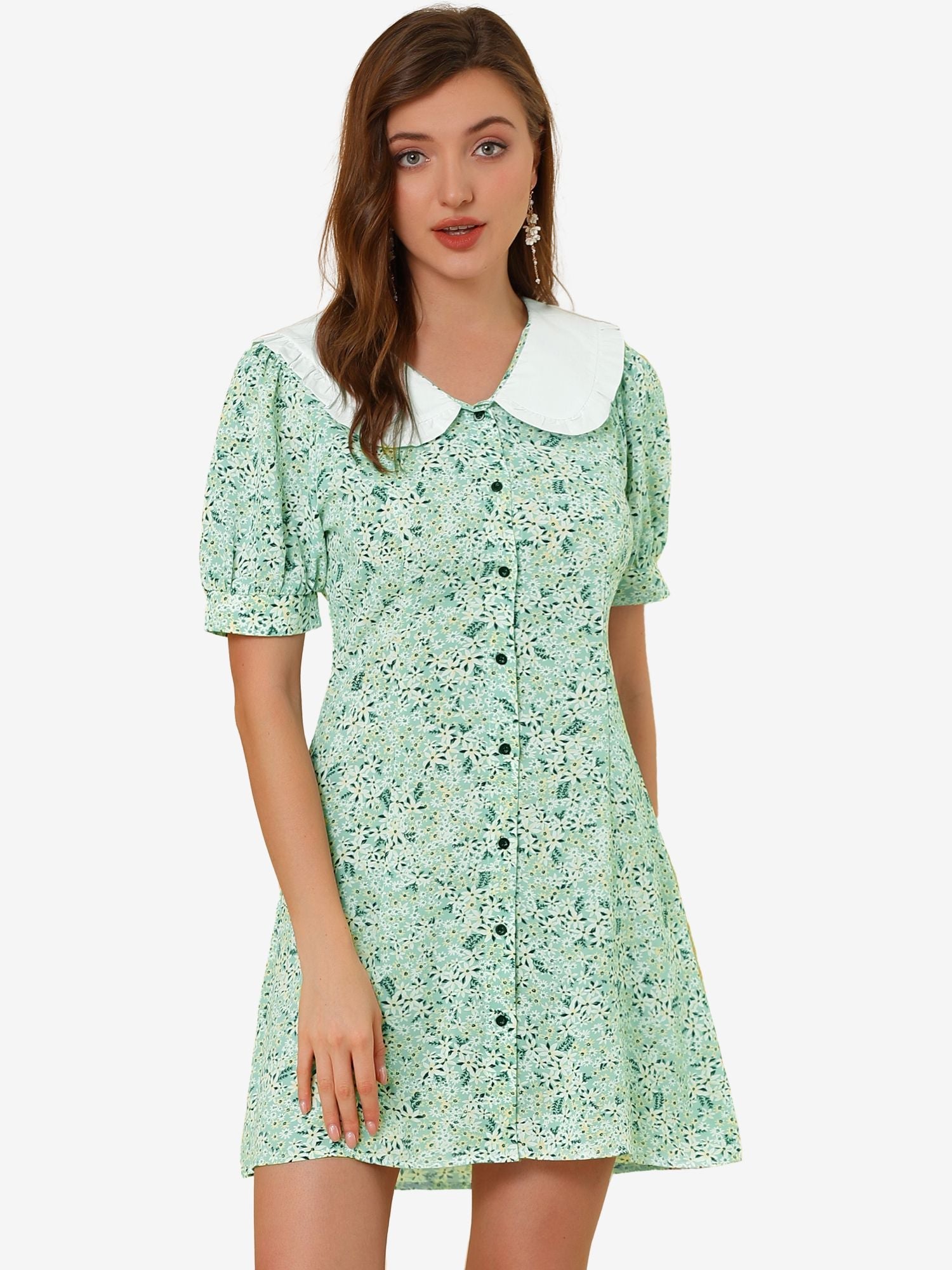 Peter Pan Collar Flowy Short Sleeve Ruffle Summer Floral Shirt Dress