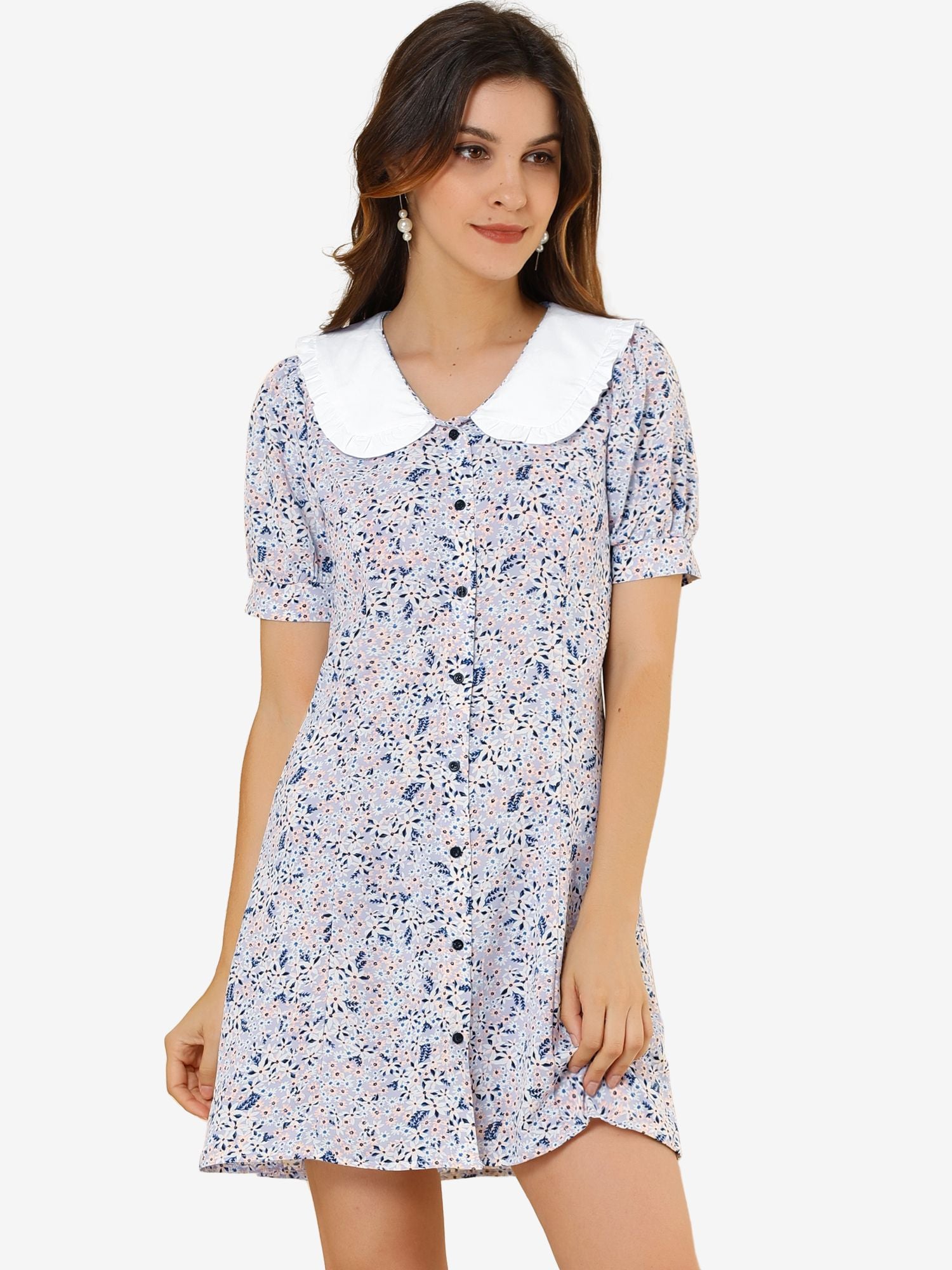 Peter Pan Collar Flowy Short Sleeve Ruffle Summer Floral Shirt Dress