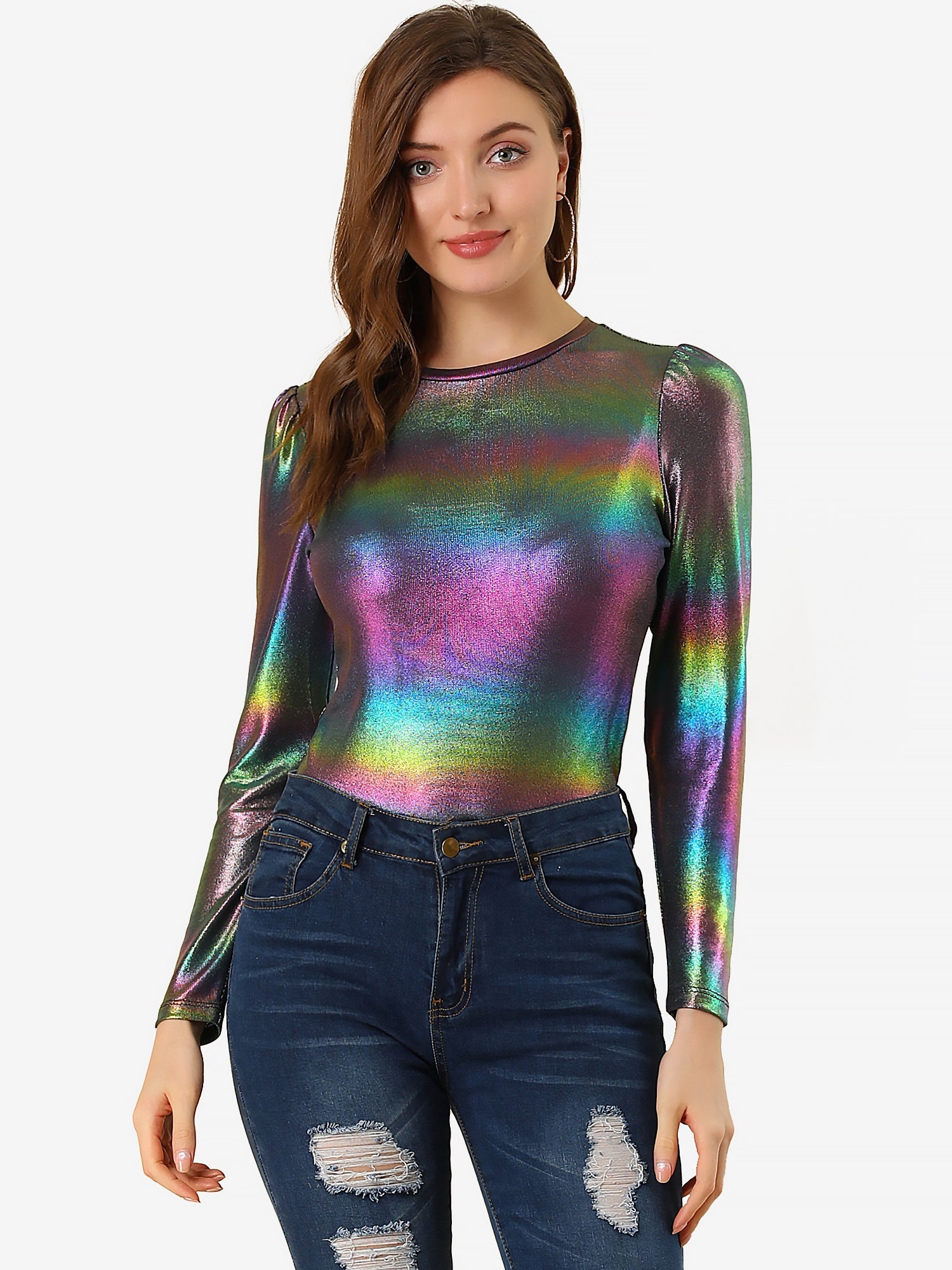 Long Sleeve Sparkly Party Glitter Shiny Metallic Blouse