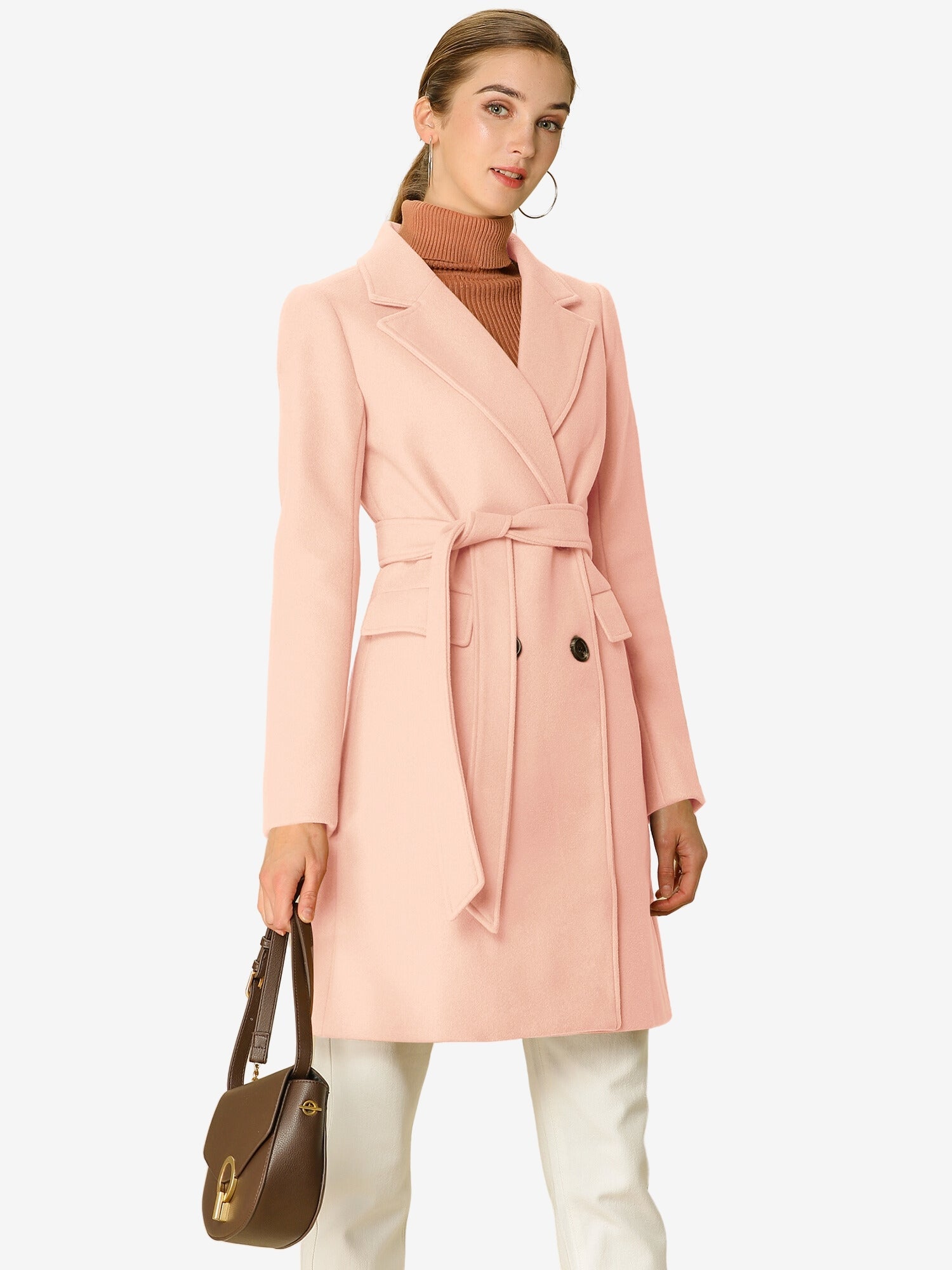 Notch Lapel Double Breasted Belted Mid Long Outwear Winter Coat