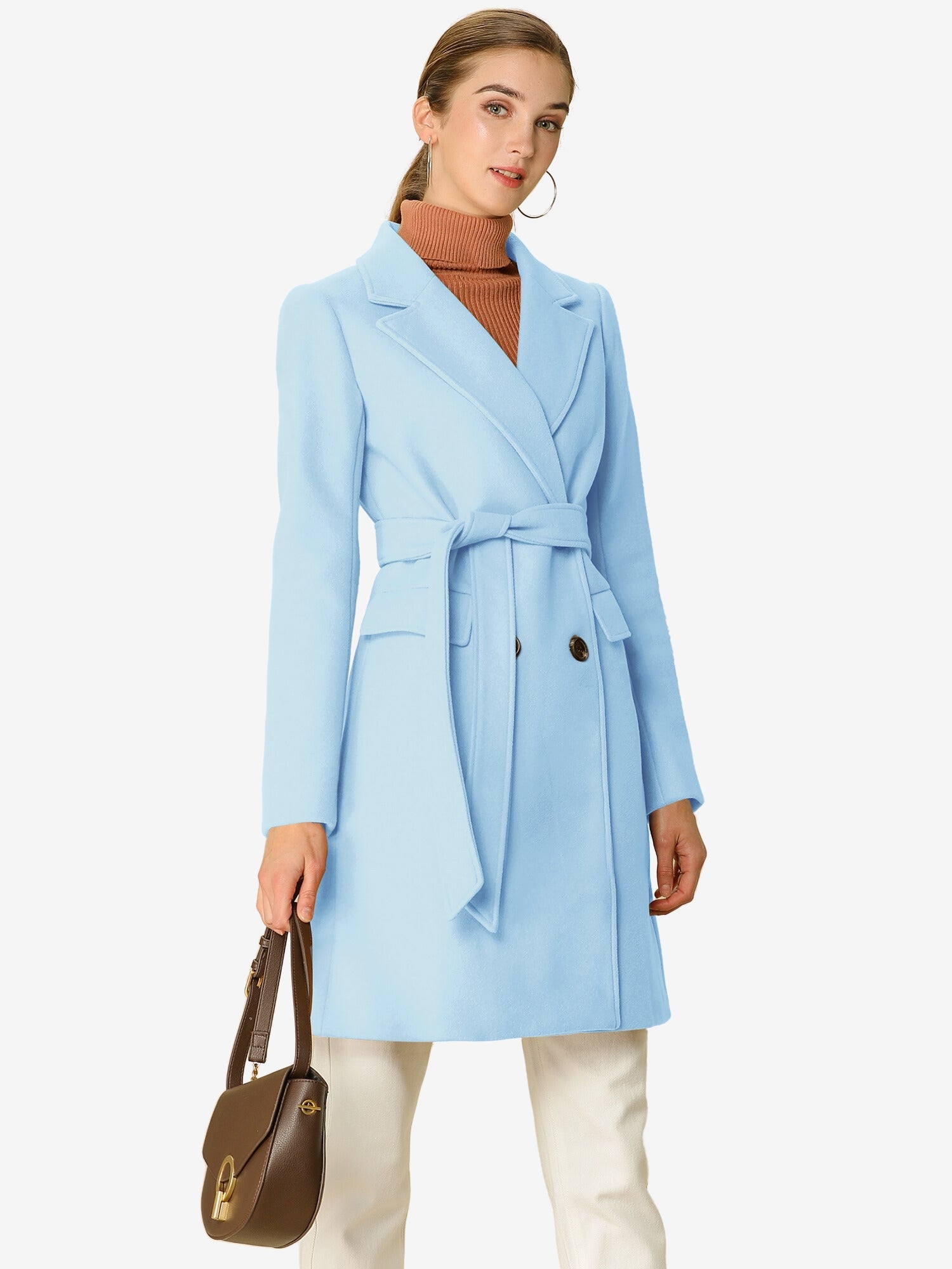 Notch Lapel Double Breasted Belted Mid Long Outwear Winter Coat