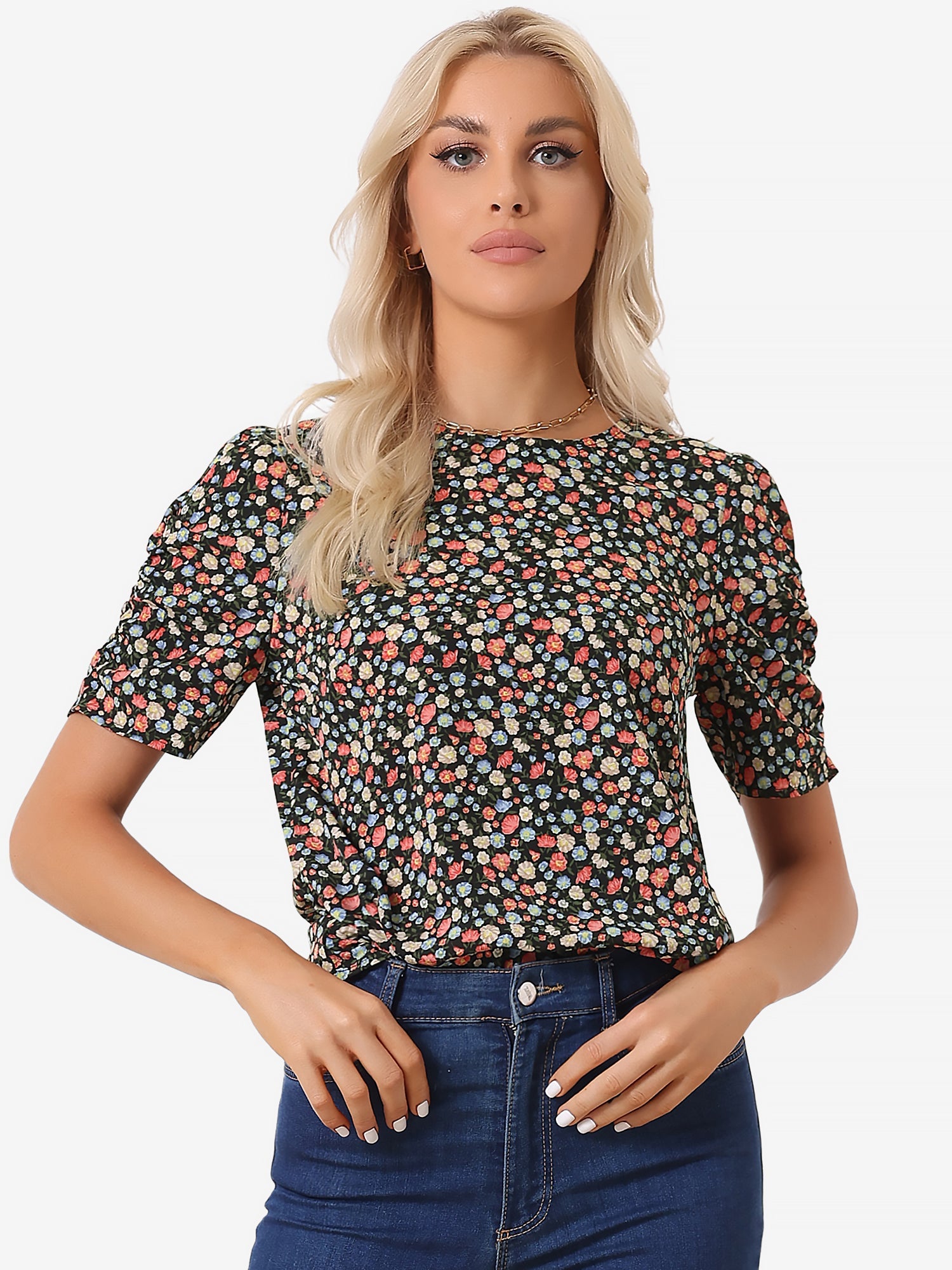 Floral Crew Neck Ruched Sleeve Casual Blouse