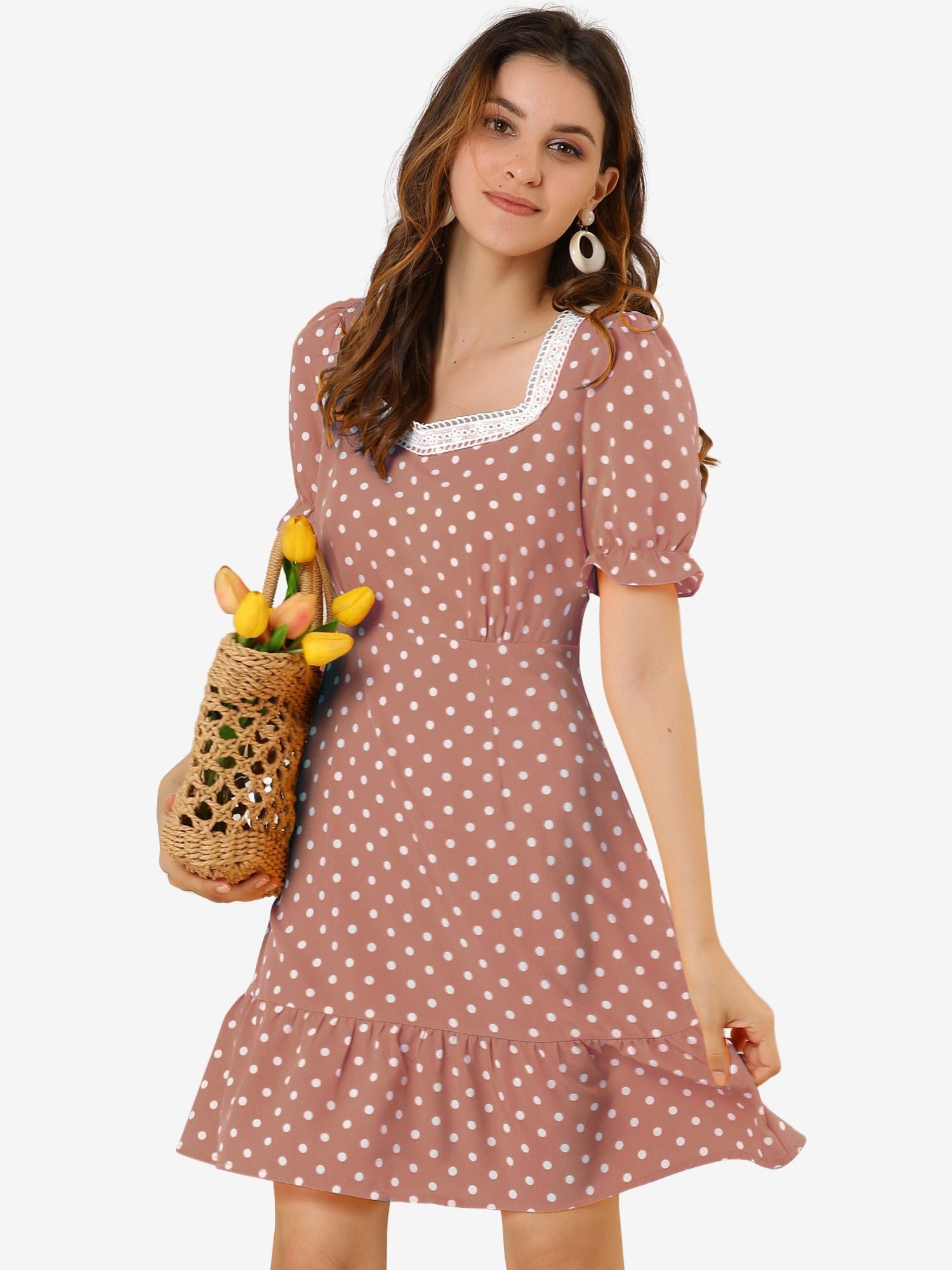 Summer Sweetheart Neck Ruffled Hem Puff Short Sleeve Polka Dots Dress