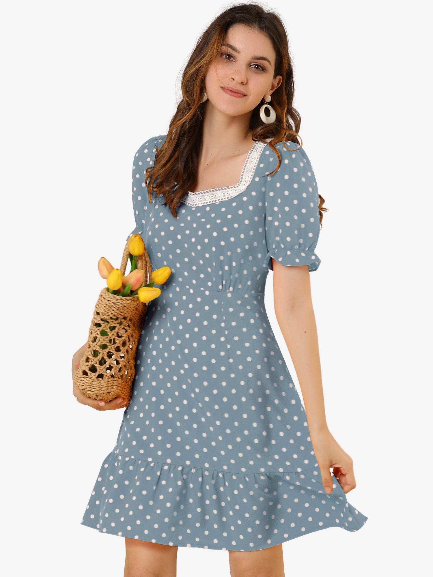 Summer Sweetheart Neck Ruffled Hem Puff Short Sleeve Polka Dots Dress