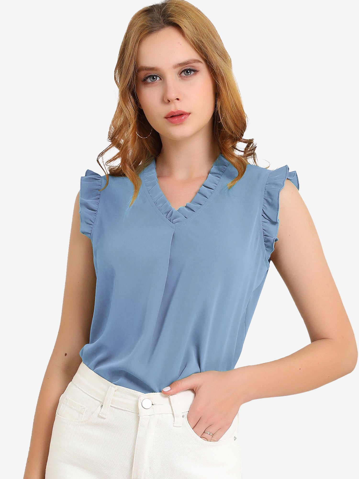 Ruffled Sleeveless Blouse 1950s Vintage Work Business Tops